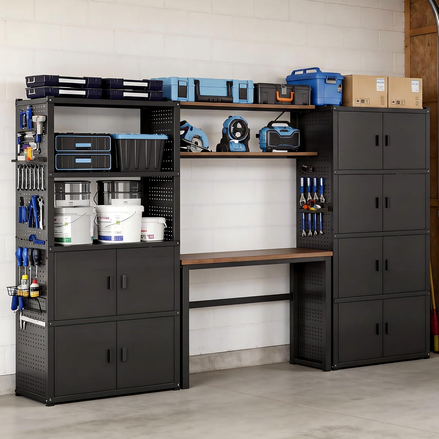 FLEXIMOUNTS Garage Storage Cabinet System, 3-in-1 Modular System with Integrated Workbench, Cabinets & Pegboard, 24-Gauge Steel, 117" L, 6-Door Cabinet for Garage Workshop, Black, FLEXIMOD Series