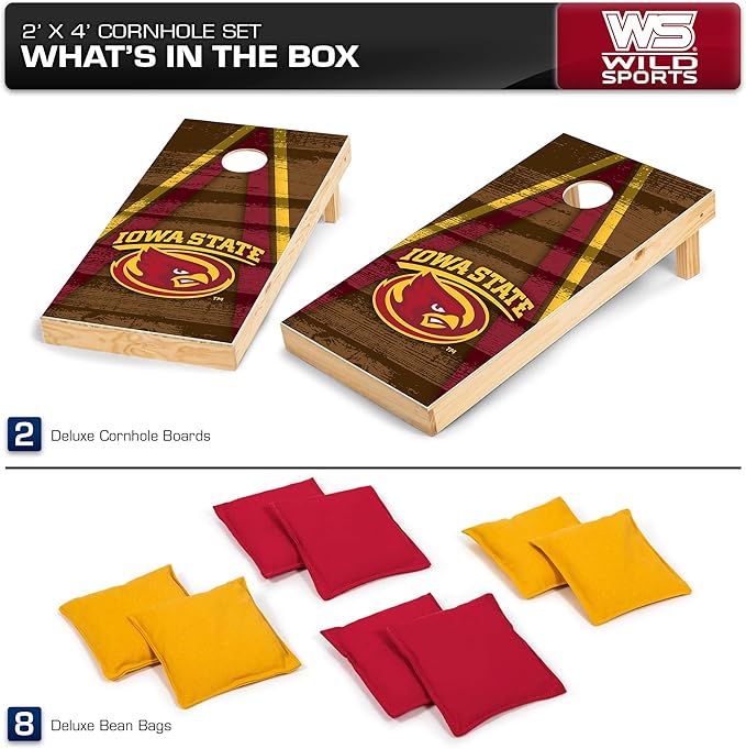 Wild Sports NCAA College 2' x 4' Wood Direct Print Tournament Cornhole Set, 8 Bean Bags, Vintage Triange Design - Tailgate, Outdoor, Backyard