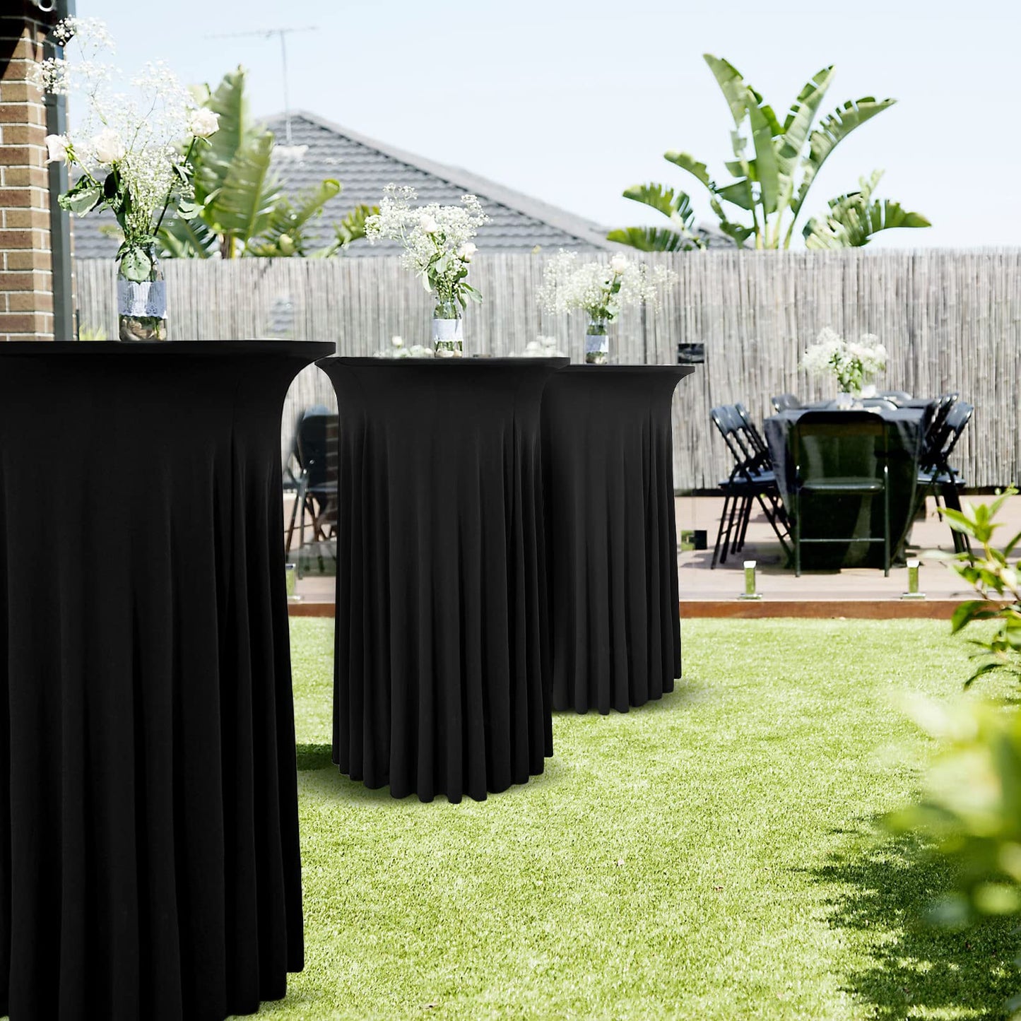 REWOMC 8 Packs Round Cocktail Table Skirt 32"x 43" Spandex Stretch Cocktail Tablecloth with Wavy Drapes, Black Spandex Fitted High Top Table Covers for Wedding Bar Party Birthday Banquet Table