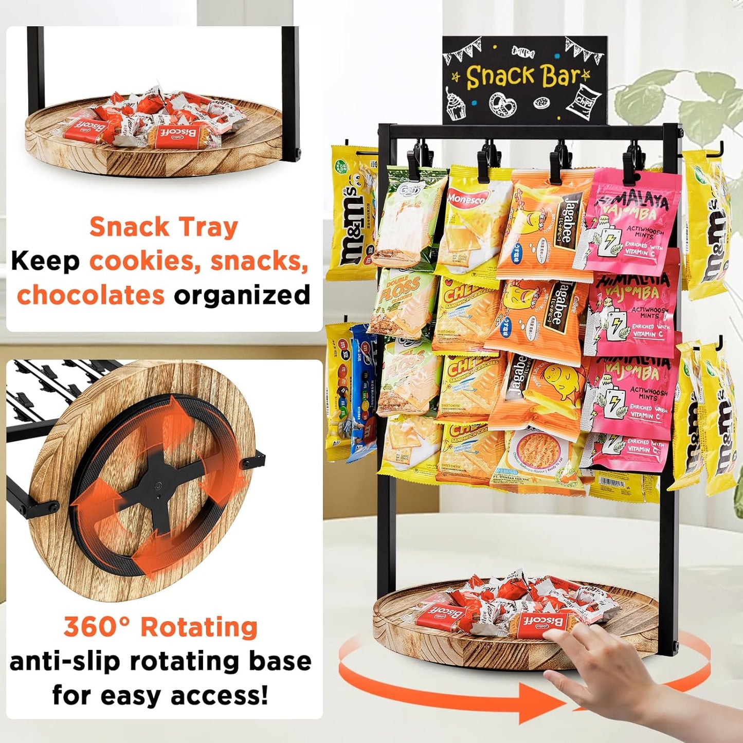 Poyilooo Snack Bar Organizer - 4-Tier 360° Rotating Chip Rack Display Stand | Black Candy Display for Kitchen & Retail