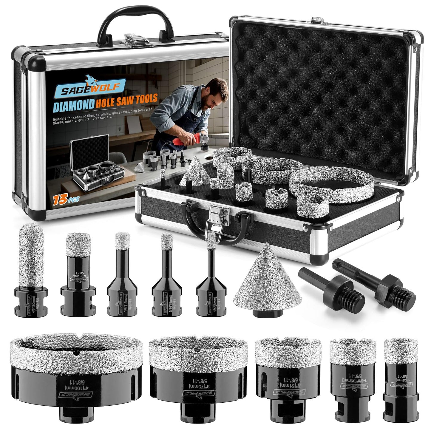 13 PCS Diamond Hole Saw Kit Tile Drill Bits, Diamond Core Drill Bits Set 6/8/10/19/25/35/51/75/100mm+50mm Chamfer Saw +20mm Finger Bit+SDS Adapter Porcelain Hollow Drill Hole Saw for Ceramic, Granite