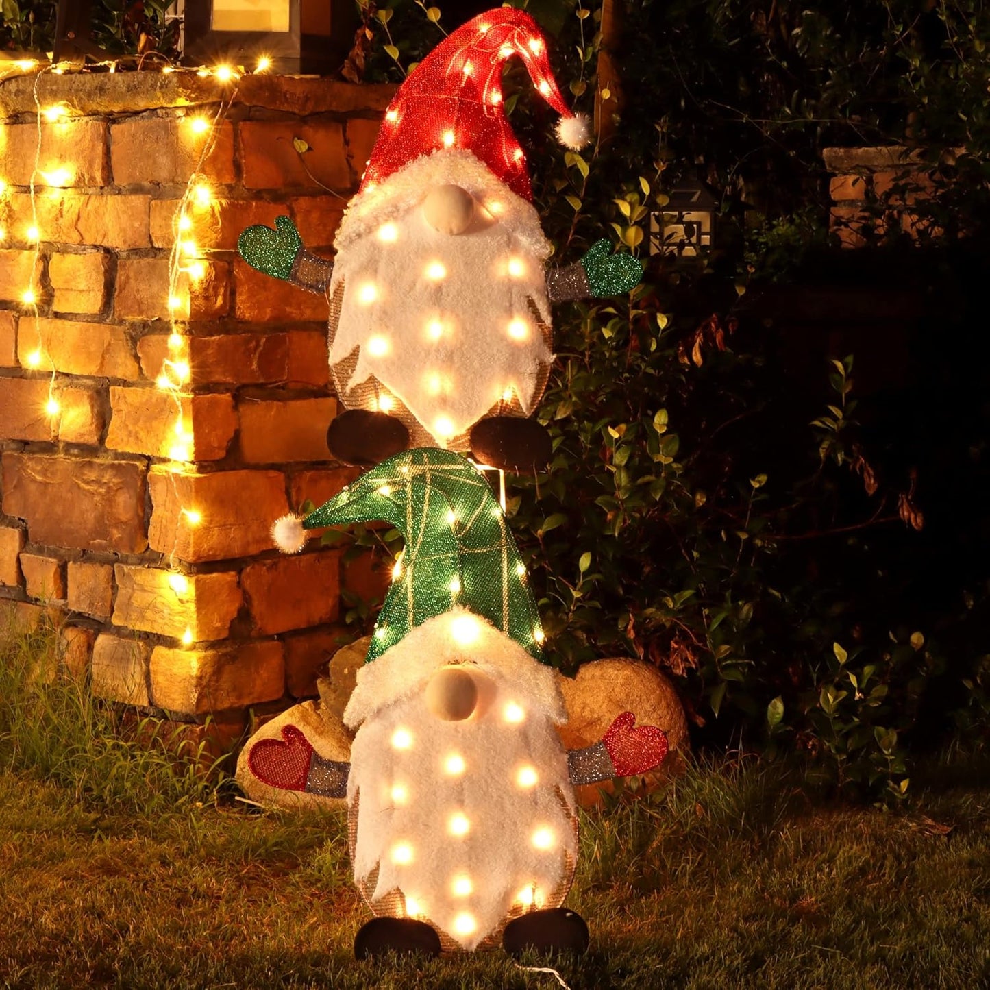 Waterglide Lighted Christmas Tinsel Gnomes - 24 Inch Pre-Lit 2D Stacked Gnome Decorations for Indoor/Outdoor Holiday Decor