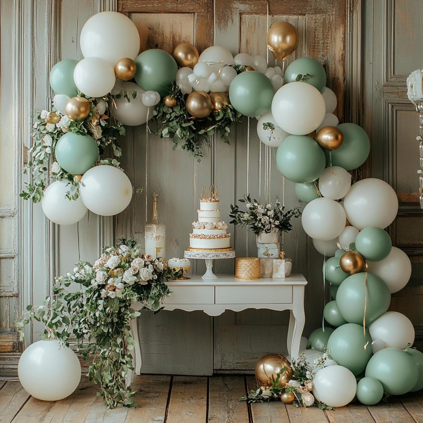 PartyWoo Sage Green Balloon Arch Kit - 152pcs Boho Balloons in Olive, Dusty Green, White & Gold for Baby Showers, Graduations & Birthdays