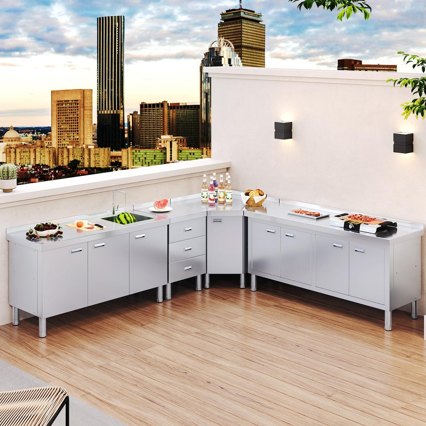 ZZV Stainless Steel Kitchen Cabinet Outdoor Kitchen Drawers with Handles Triple Access BBQ Drawers for Outdoor Garage Warehouse Restaurant, No Assembly Required, 21.66 x 19.68 x 35.43 in