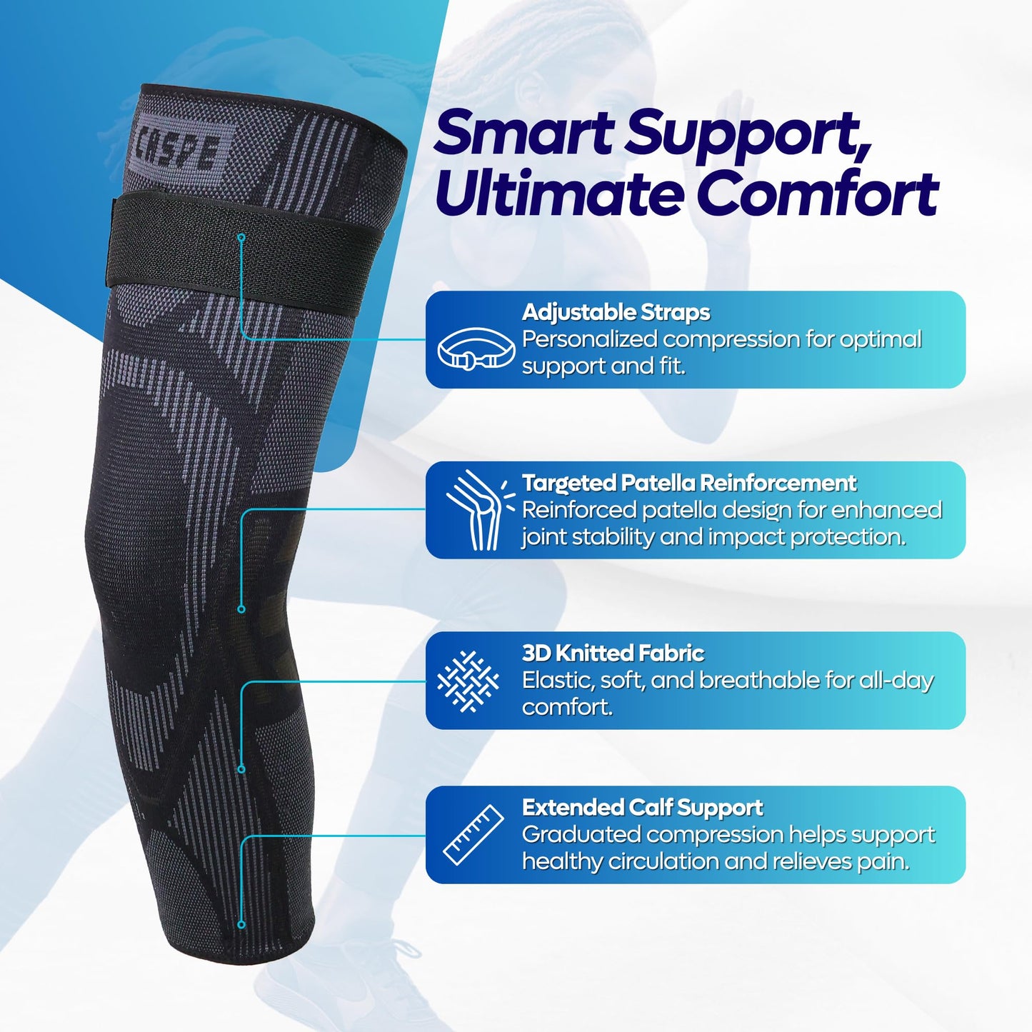 Caspe 2 Pack Leg Compression Sleeve With Strap, Full Length Thigh Knee Calf Support, Knee Compression Sleeve Women & Men, Full Leg Support for Light Recovery, Daily Wear (XX-Large)