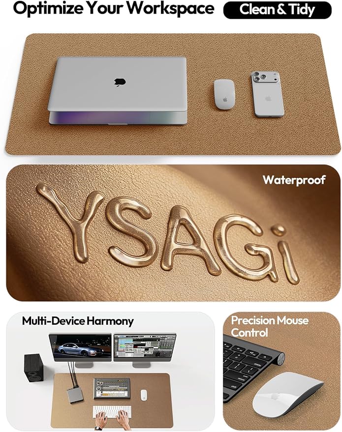 YSAGi Leather Desk Protector, Office Mat, Large Mouse Mat, Non-Slip PU Leather Blotter, Laptop Desk, Waterproof Writing Pad for Office and Home (Shiny Bronze, 35.4" x 17")