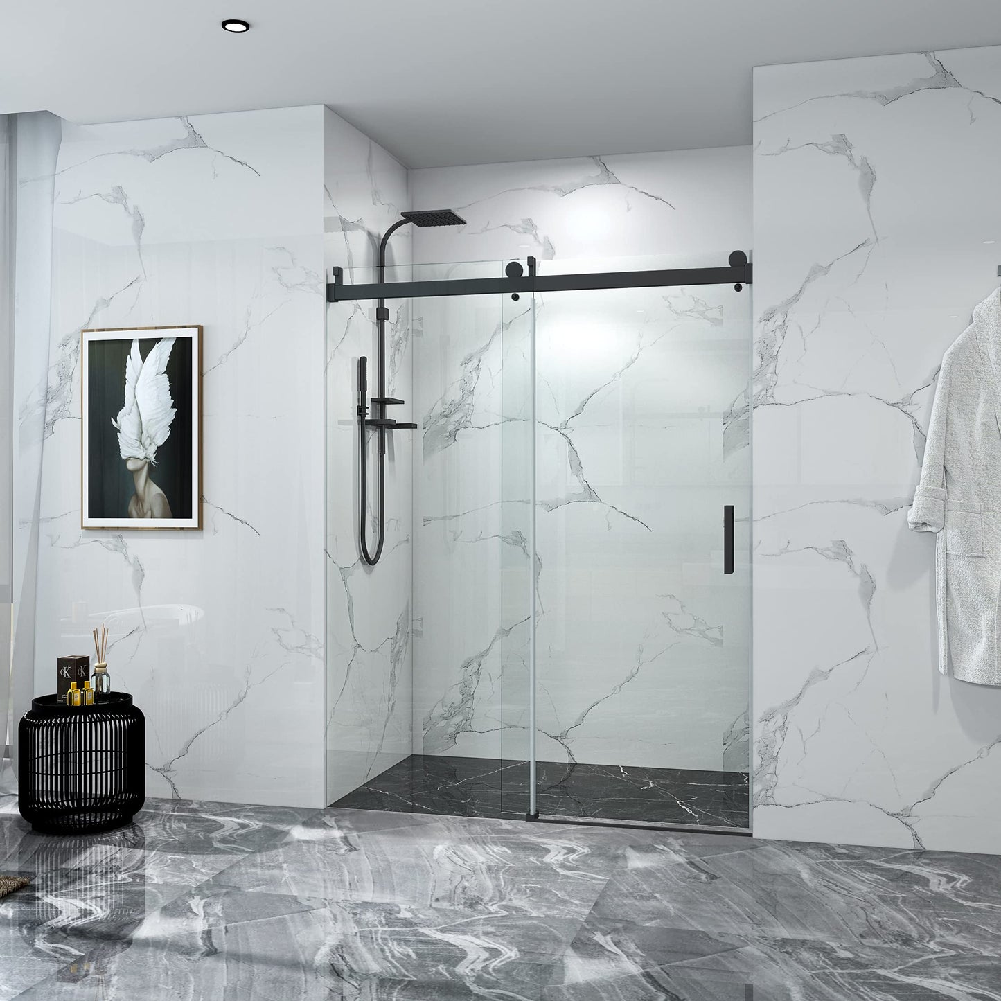 56-60" W x 76" H Frameless Sliding Shower Door, Single Sliding Glass Shower Door with Buffer 3/8"(10MM) Clear SGCC Tempered Glass, Explosion-Proof Film, Roller Disk System, Rust-Resistant.