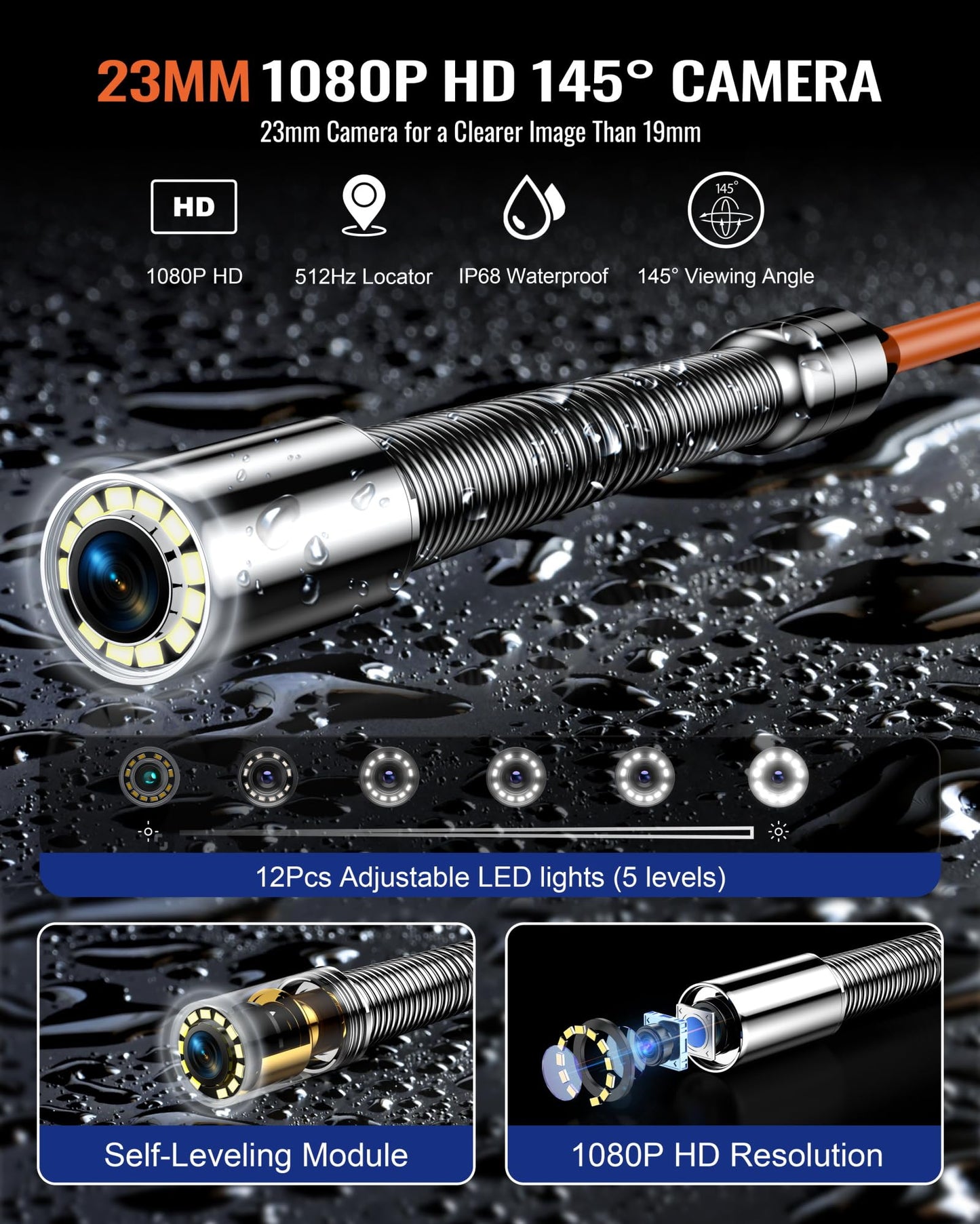 Hialemi Portable 9'' Sewer Camera with 512Hz Transmitter - 100Ft/30M Self Leveling Drain Camera & Meter Counter & 5X Zoom - 145° Plumbing Pipe Inspection Cam with Lights - 1080P IPS Screen & DVR 32GB