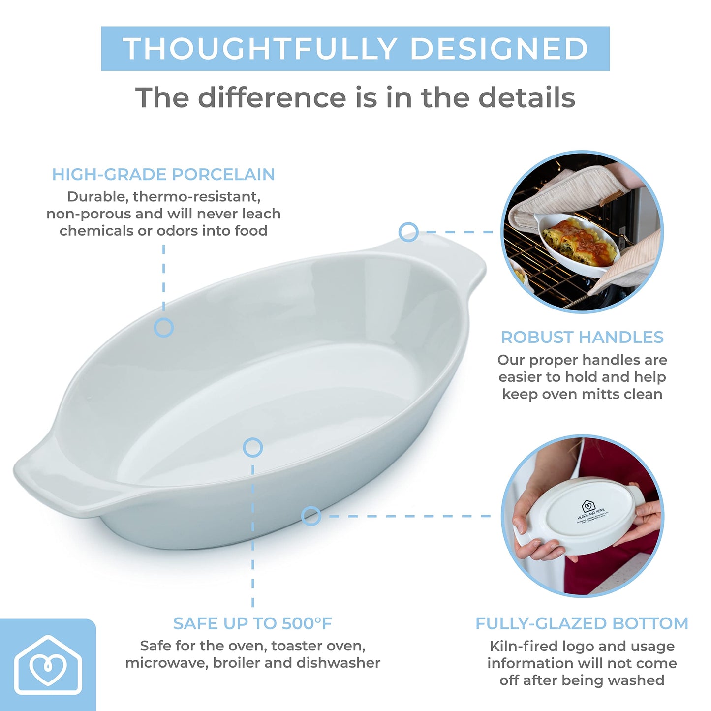 Heartland Home Porcelain Mini Casserole Dish Oval Au Gratin Dish (2pc Set). Cauliflower Au Gratin Baking Dish, Banana Split Bowls, Single Serving Casserole Dishes, Small Individual Gratin Dishes Set