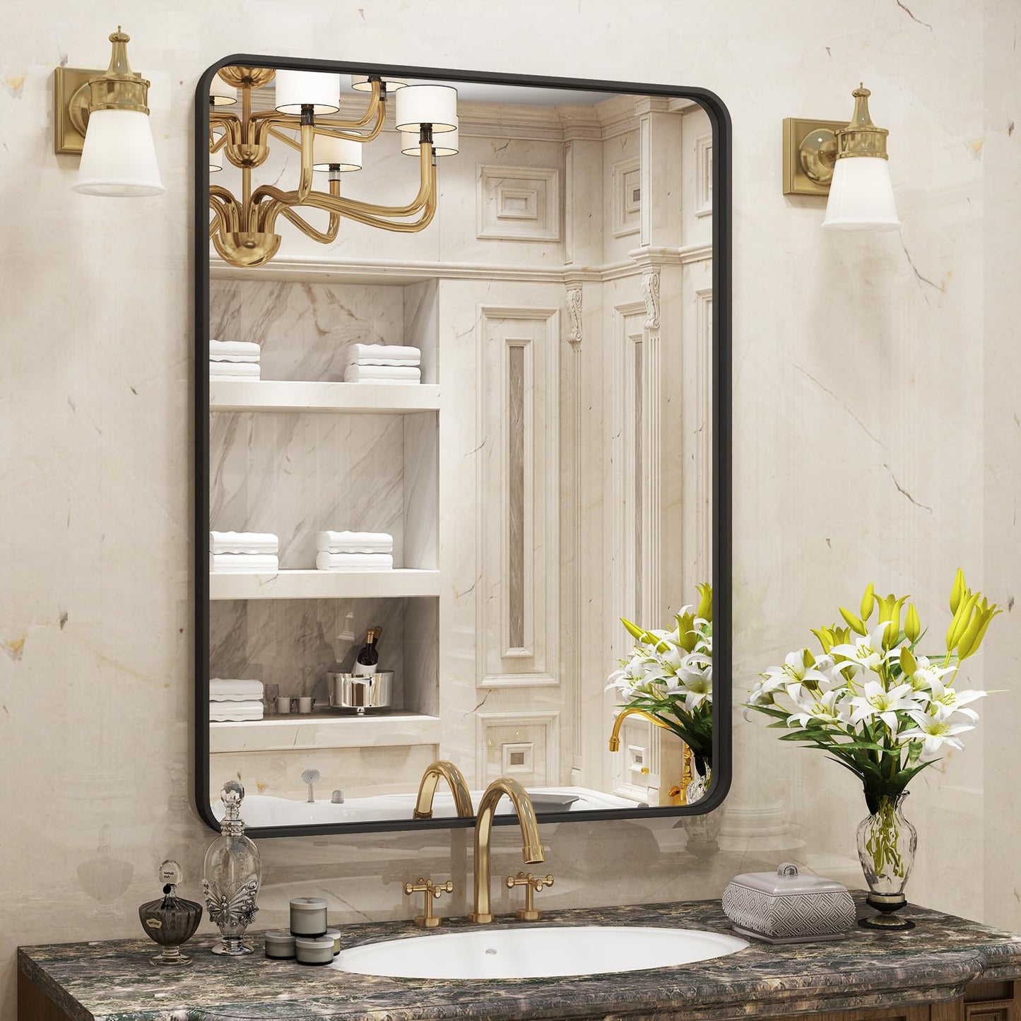VANLIO 24x30 Inch Black Matte Framed Bathroom Mirror for Wall, Rounded Corner Rectangle Vanity Mirror, Tempered Glass, Anti-Rust, Shatterproof (Horizontal/Vertical)