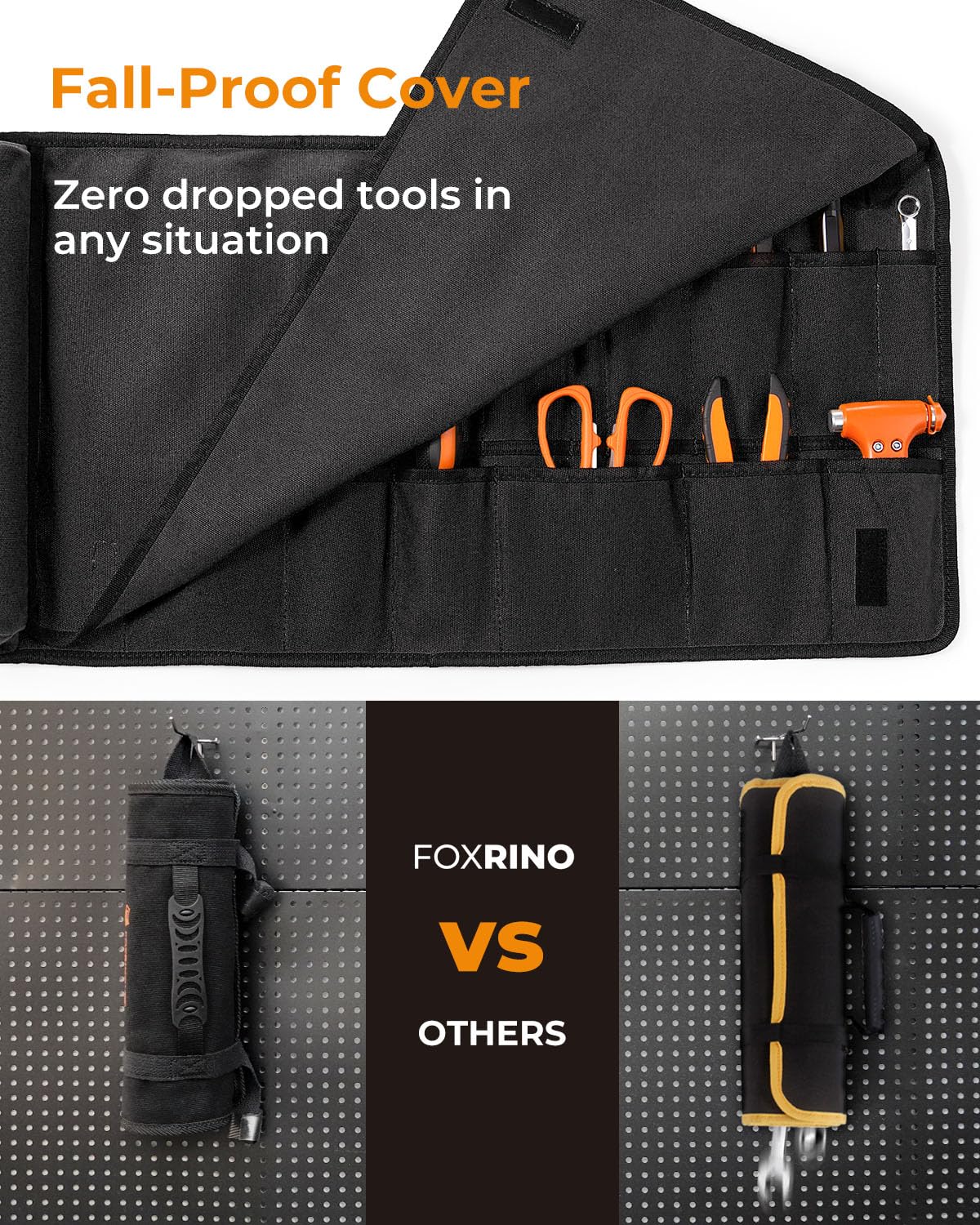 Foxrino Tool Roll For Men, Heavy Duty Tool Roll Bag Organizer, Roll Up Tool Pouch with 20 + 1 Pocket, Perfect Gifts for Men Father Dad Mechanic, Black