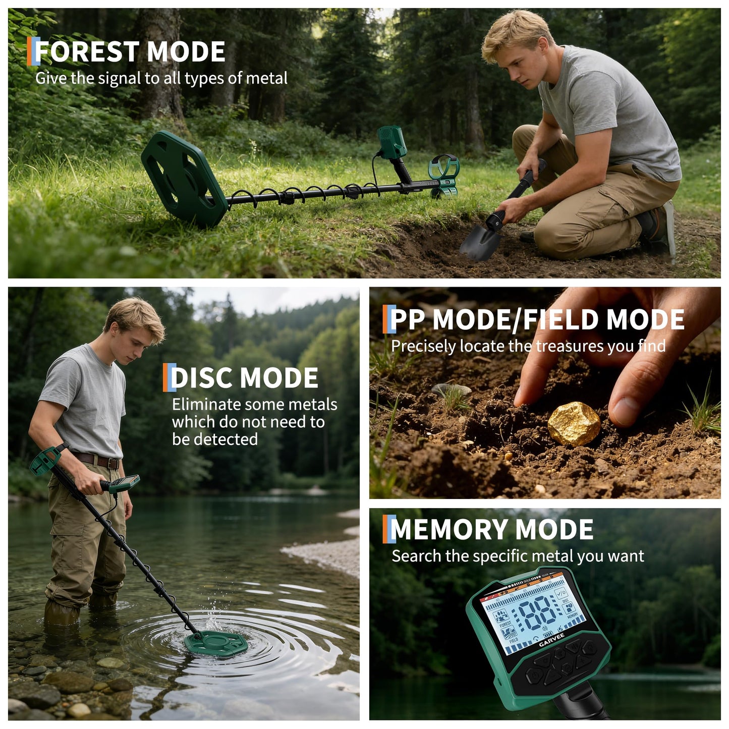 Professional Metal Detector for Adults with 5 Modes, IP68 Waterproof Search Coil, Larger Backlit LCD Display, High Accuracy Gold & Coin Detector for Beach Treasure Hunting, Beginner Friendly, Green