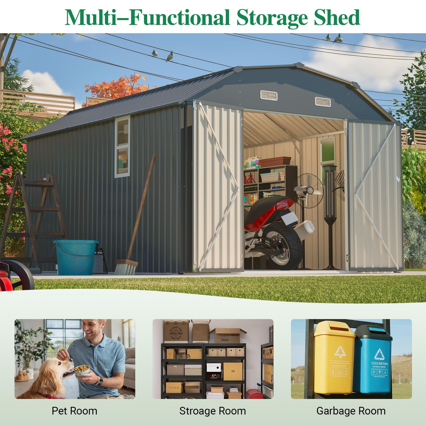 Outdoor Storage Shed, 10 X 12 FT Large Metal Utility Tool Sheds with Floor Frame & Windows, Steel Garden Shed with Updated Frame Structure for Backyard Patio Lawn, Grey
