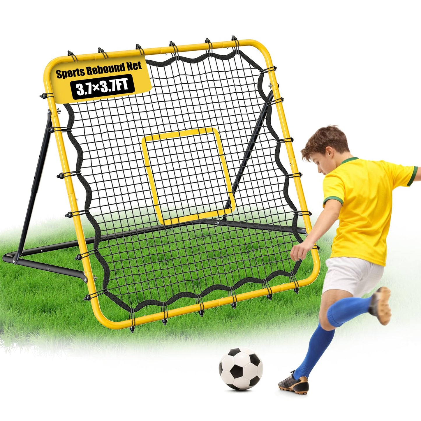 JIRTEMOT 3.7 x 3.7 FT Rebound Net, with Pitching Target for Soccer, Baseball and Volleyball, Adjustable Pitching Rebound Net, Yellow