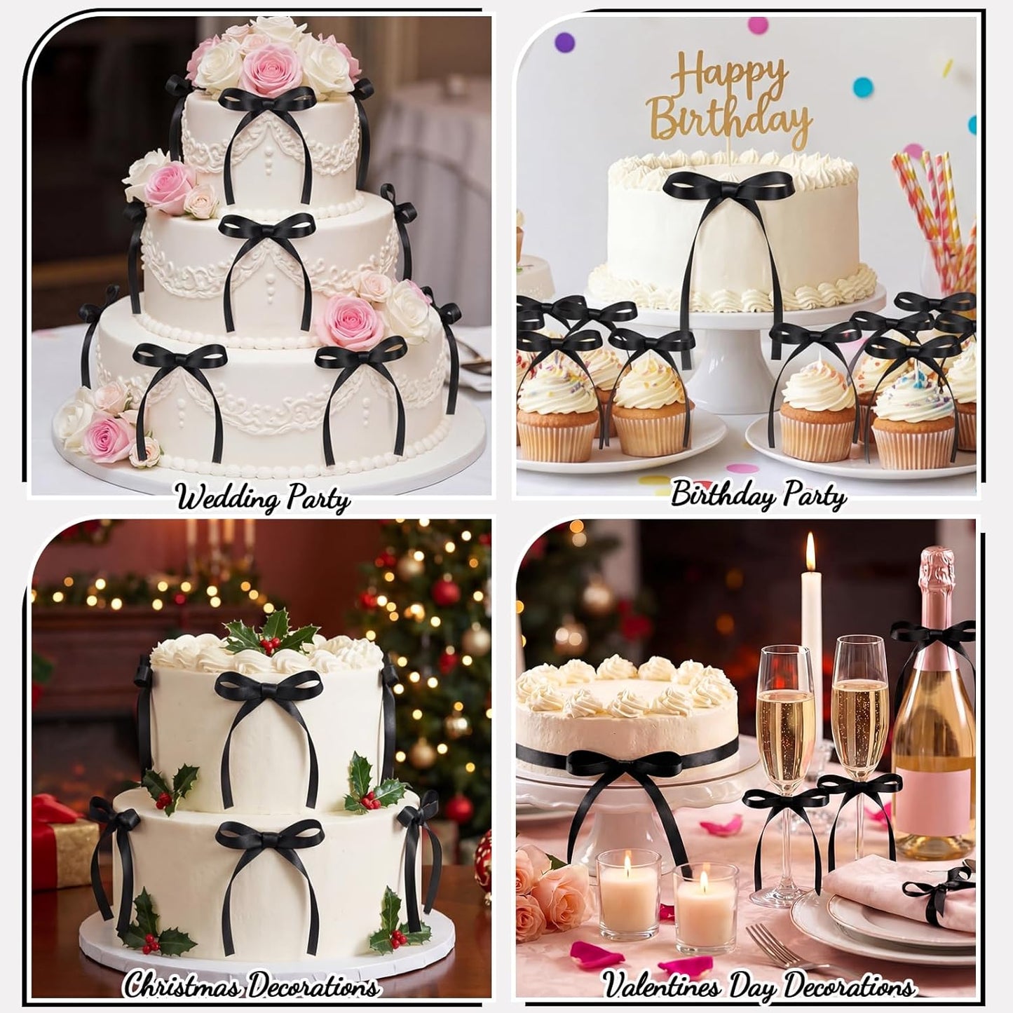 Skiennix 30 Pack Bow Cake Toppers - Elegant Black Ribbon Bows for Graduation & Wedding Decor