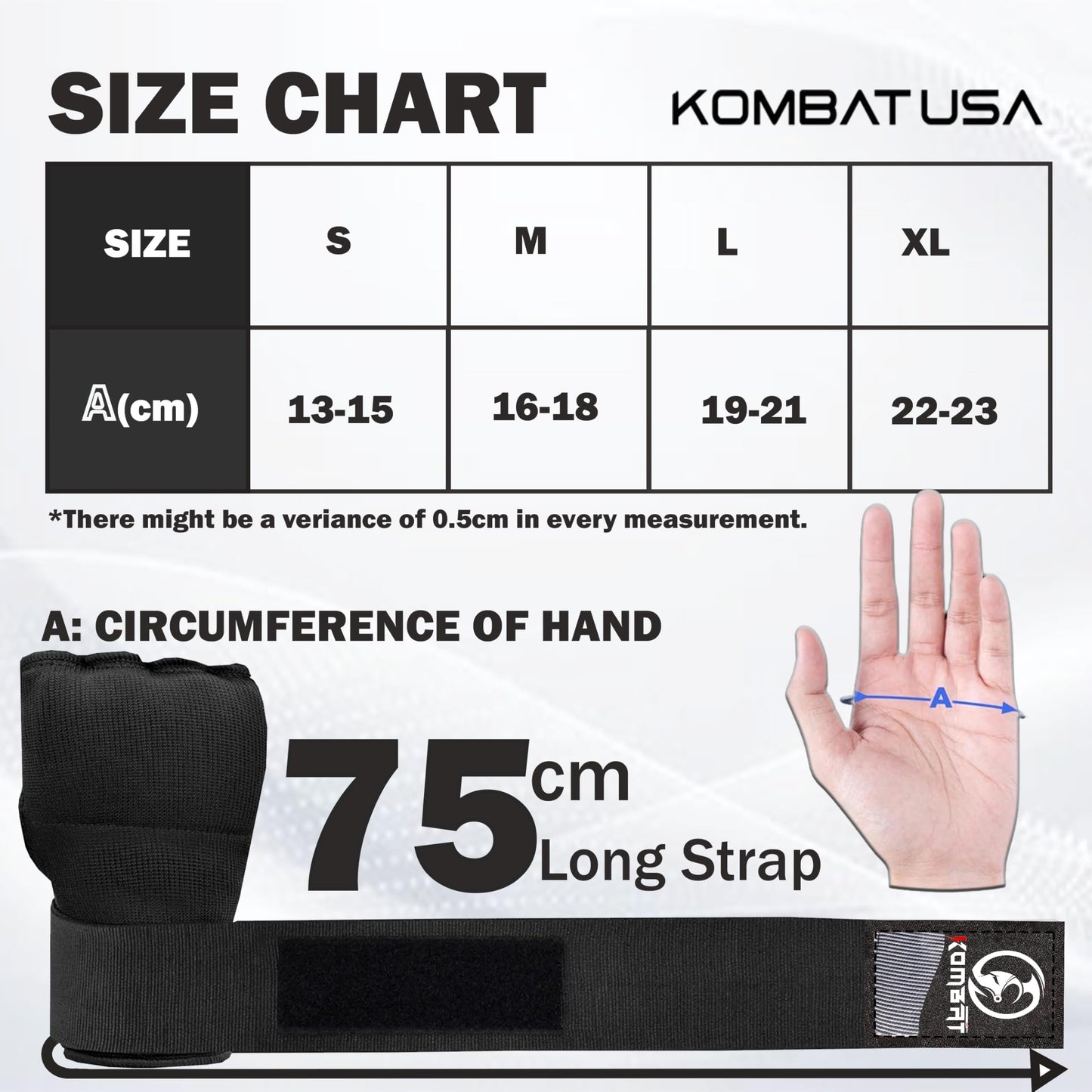 Kombat Gel Boxing Hand Wraps Inner Gloves for Men and Women, 75cm Quick Wrist Wraps Guard, Muay Thai MMA Kickboxing Martial Arts Punching Training Bandages, Hand Wraps for Boxing (Black, Medium)