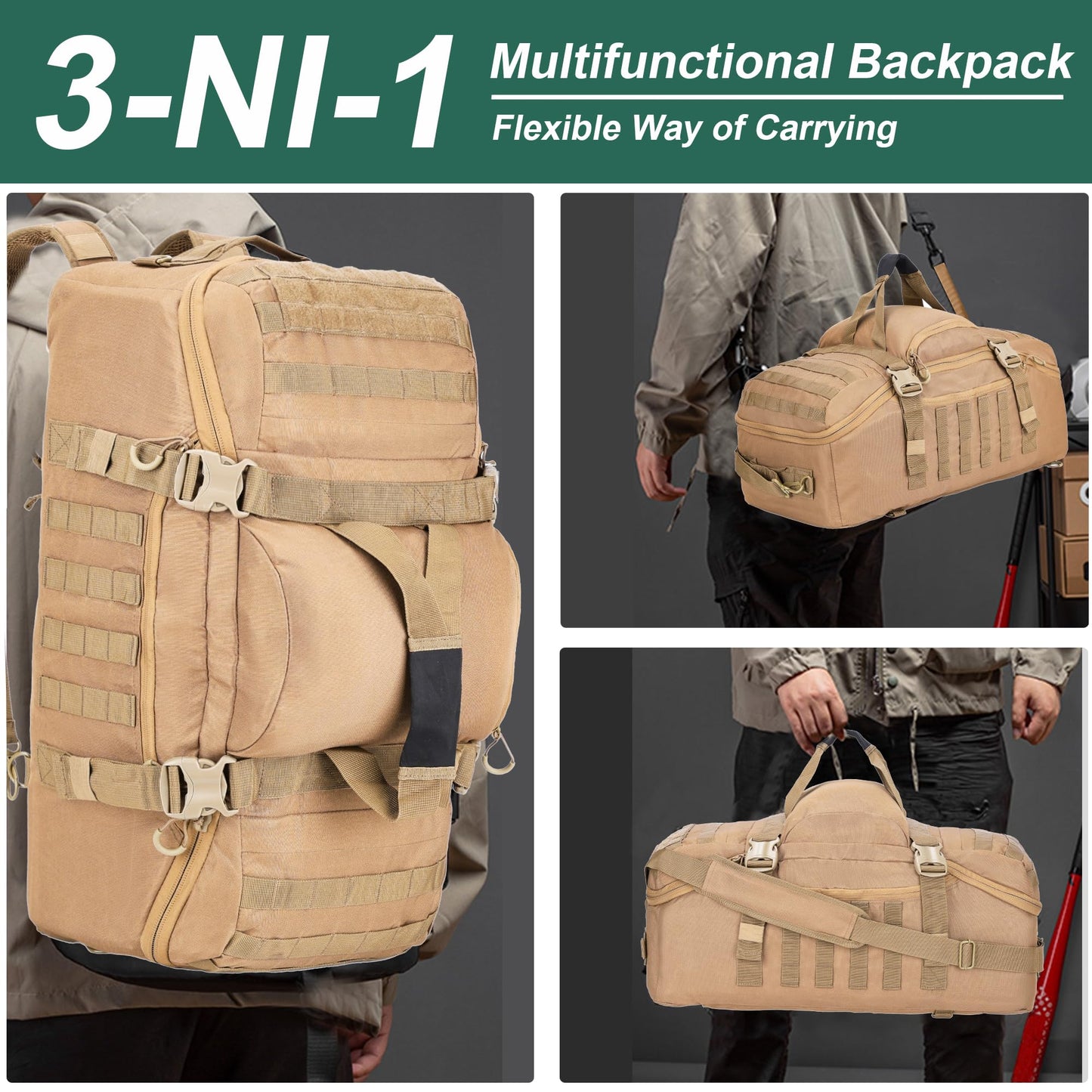 Gym Bag, 3-in-1 Duffel Backpack, Travel & Sports Bag for Outdoor, Tactical, Camping & Hunting – Weekend & Overnight Gear