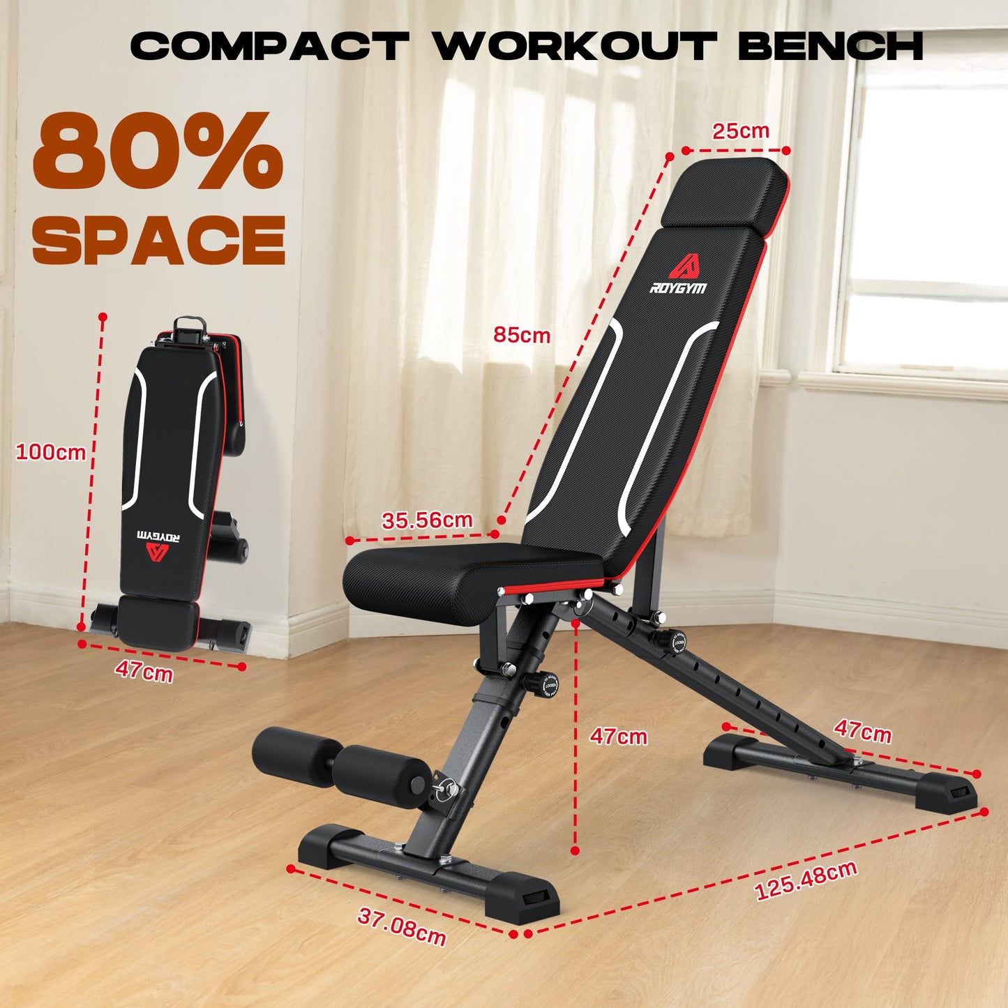Roygym Adjustable Weight Bench, 880LB Foldable Workout Bench with Extended Headrest for Full Body Strength Training Bench Press, Incline Decline Bench with Folding