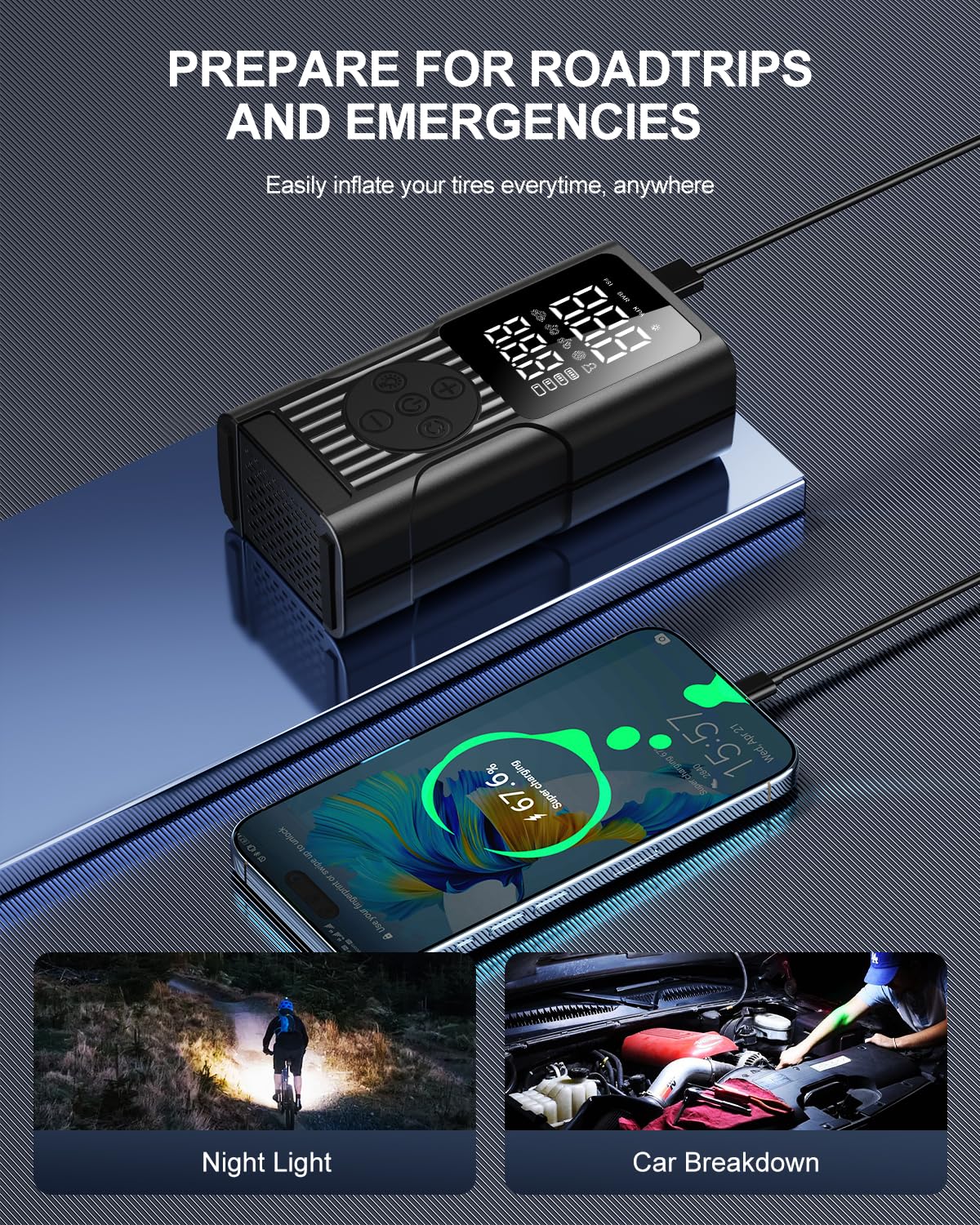 QQVVKK Tire Inflator Portable Air Compressor - 150PSI Cordless Air Pump for Car Tires, 3X Faster Electric Bike Pump with Digital Gauge & Auto Shut Off, LED Light, Power Bank