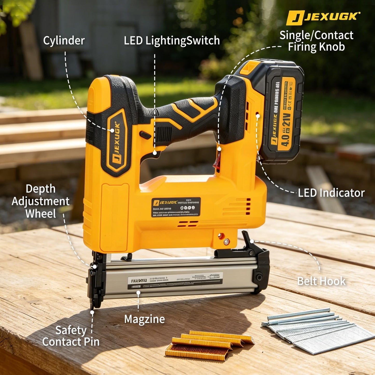 JEXUGK Cordless Brad Nailer, 18 GA Nail Gun Battery Powered with 2 x 4.0Ah Battery, 2 in 1 Electric Nail Gun with 1000 Brad Nails and 1000 Staples, Finish Nailer for Woodworking & Home Improvement