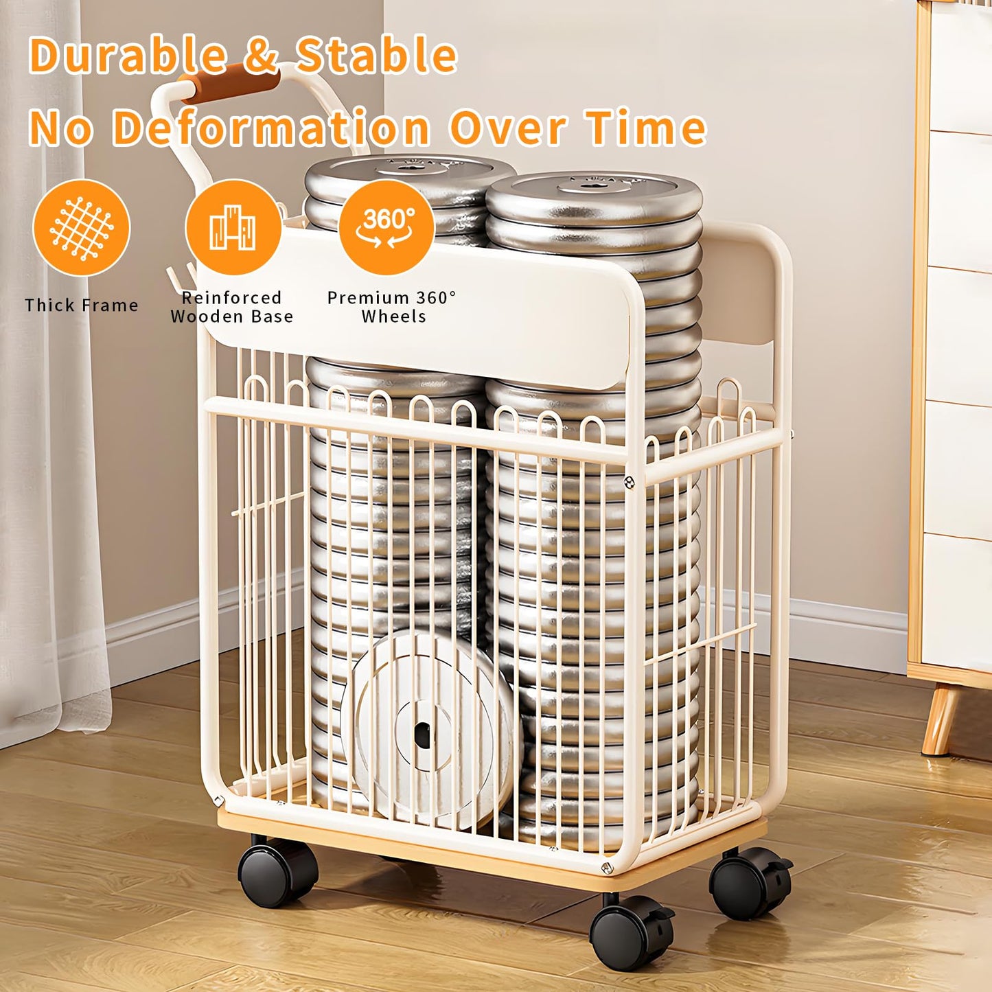 GKBRSU Yoga Mat Storage Rack with Wheels, Home Gym Organizer for Yoga Mats Foam Rollers Dumbbells Towels, Metal Rolling Workout Equipment Storage Rack with Handles and Basket (White, 20×11×24 in)