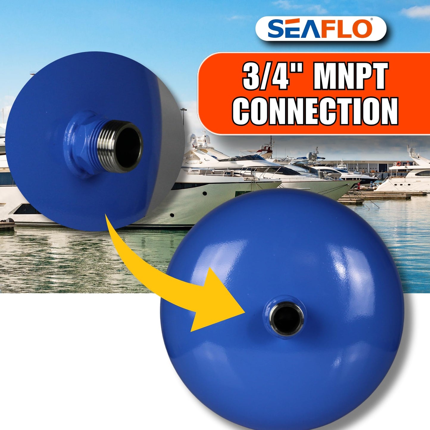 SEAFLO 2 Gallon Pre-Pressurized Accumulator Expansion Tank – Reduces Pump Cycling, Smooth Water Flow, 87 PSI, 3/4" MNPT, Compact Design for RV, Marine, Boat & Off-Grid Systems – 4-Year Warranty