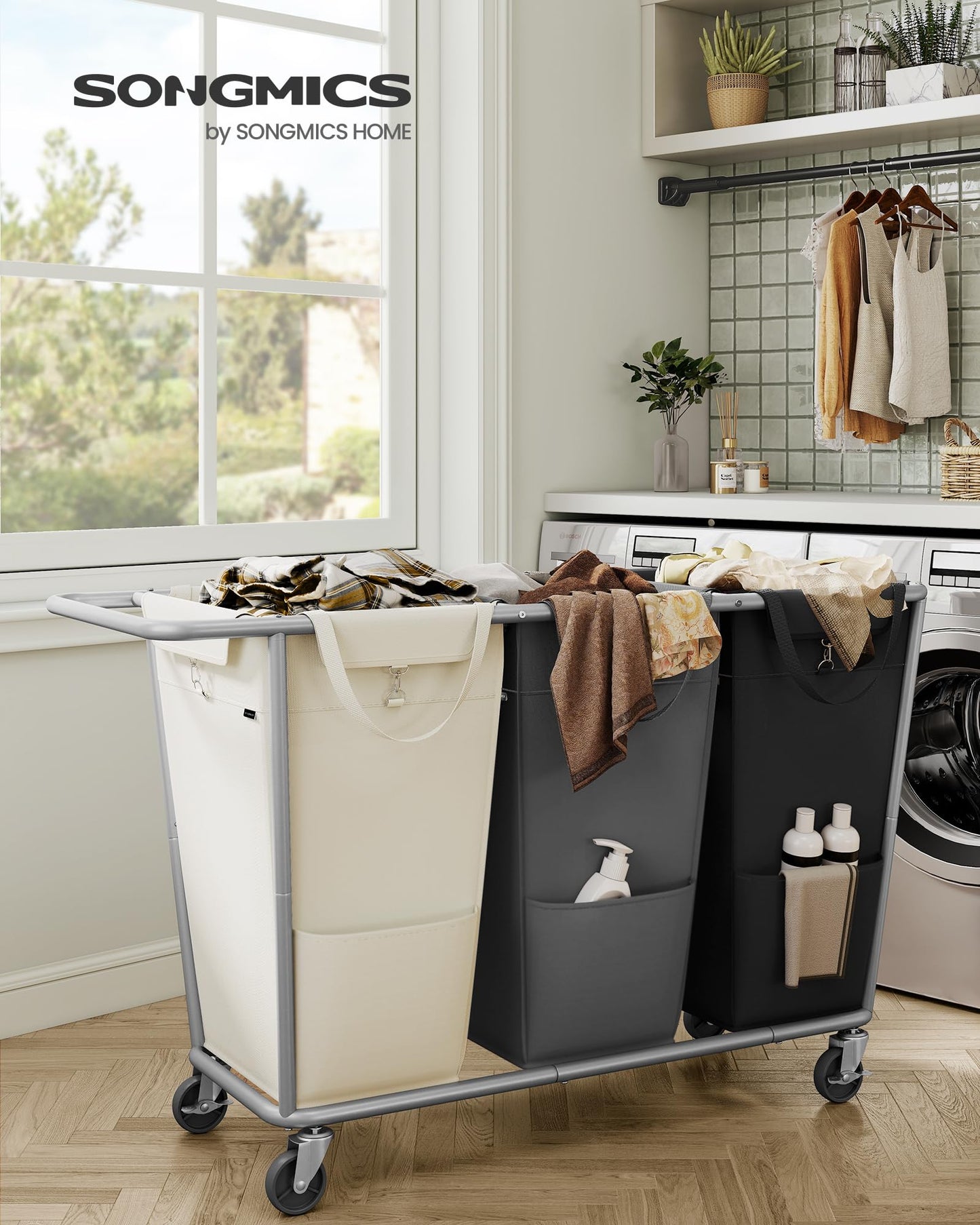 SONGMICS Laundry Basket with Wheels, 3-Section Laundry Sorter, 76.6 Gallons (290 L) Rolling Hamper with Removable Bags, Heavy-Duty Steel Frame, Cream White, Dark Gray and Ink Black URLS010X01