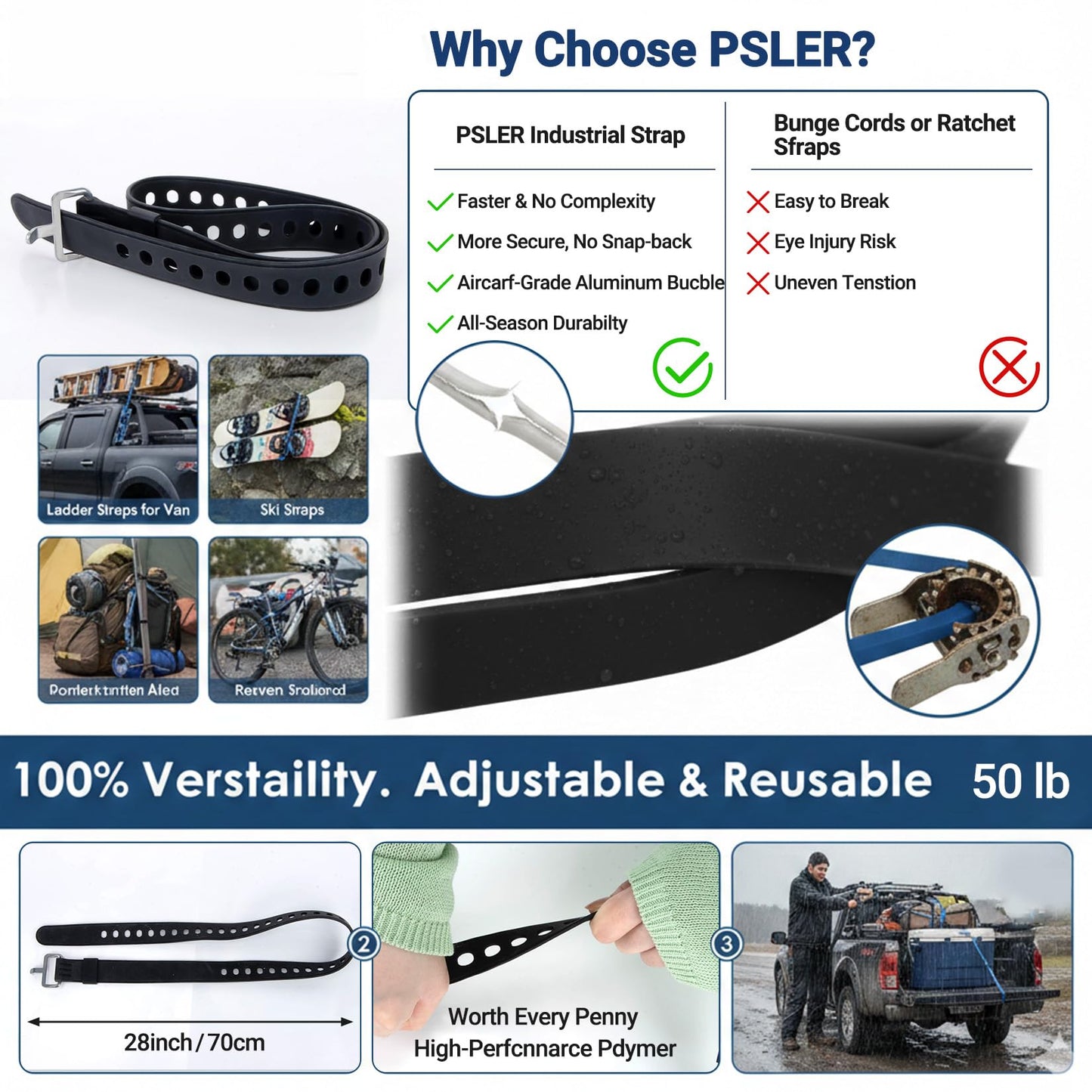 PSLER 2 Pack Heavy-Duty Silicone Utility Straps - 28inch Adjustable Rubber Tie Down Straps with Aircraft Aluminum Buckle, 50lb Capacity for Ladders, Ski Gear, Luggage & Cargo, Black