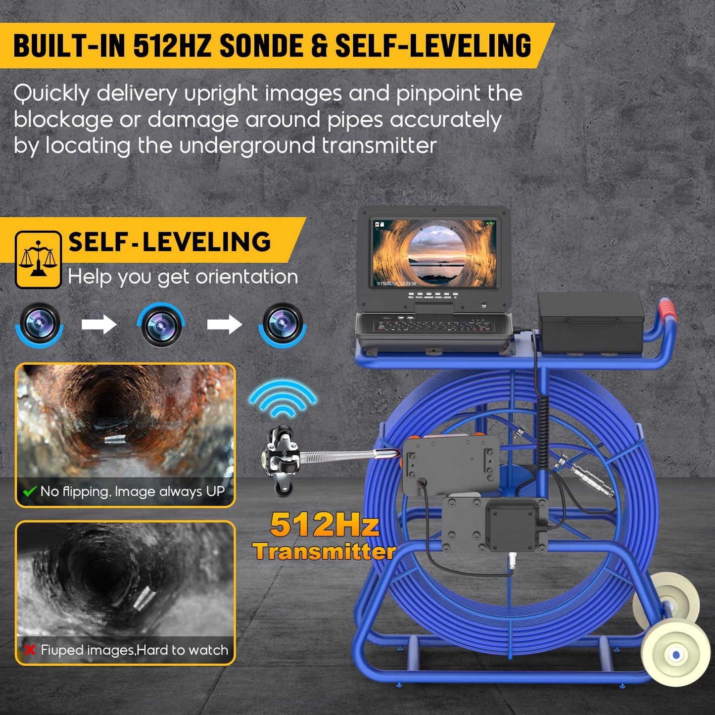 Anysun Sewer Camera Self Leveling with 512Hz Sonde, 9MM 330Ft Thicker Cable w/Wheel, 32MM IP68 Camera, Distance Counter, 1-Touch Video/Audio, 10" Adjustable Screen, Pipe Inspection Camera w/ 32G Card