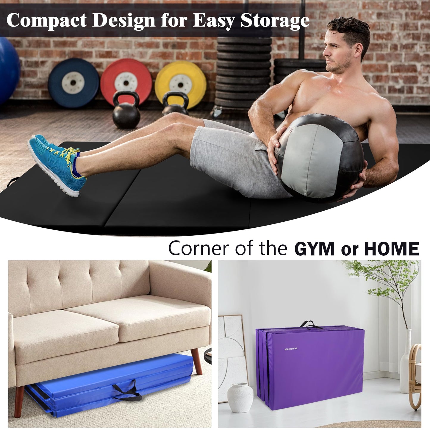 Fitvids Gymnastics Mat, 4'x8'x1.9" Thick Folding Home Gym Exercise Mat with Tear-Resistant PU Leather and Handles, Workout Mat for Yoga Pilates Tumbling Stretching MMA Core Workouts Wrestling