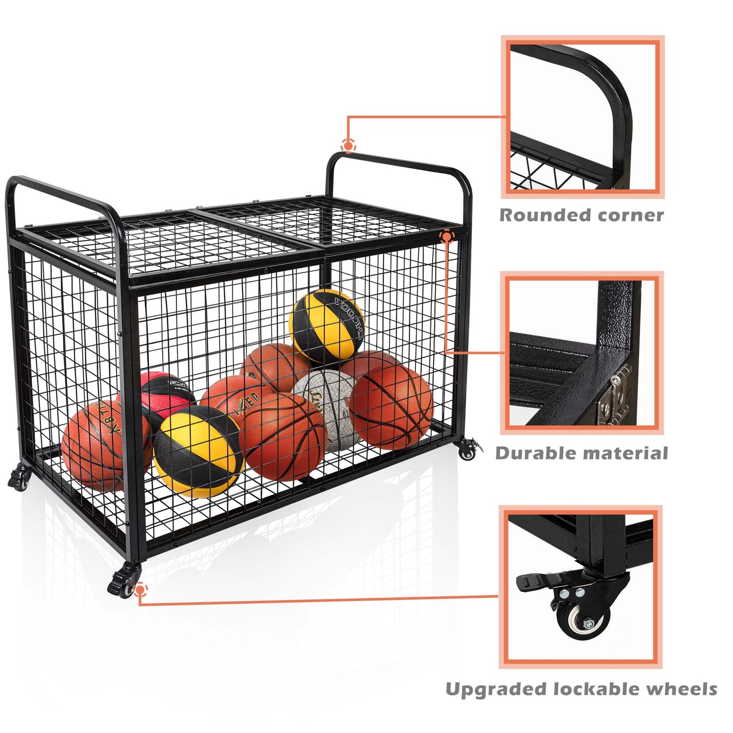 heodmaem Ball Cart Storage for Garage Compatible with Optional Divider, Extra Large Basketball Cage Bin for Indoor Outdoor, Heavy Duty Sports Equipment Organizer with Lockable Wheels for Gym, School