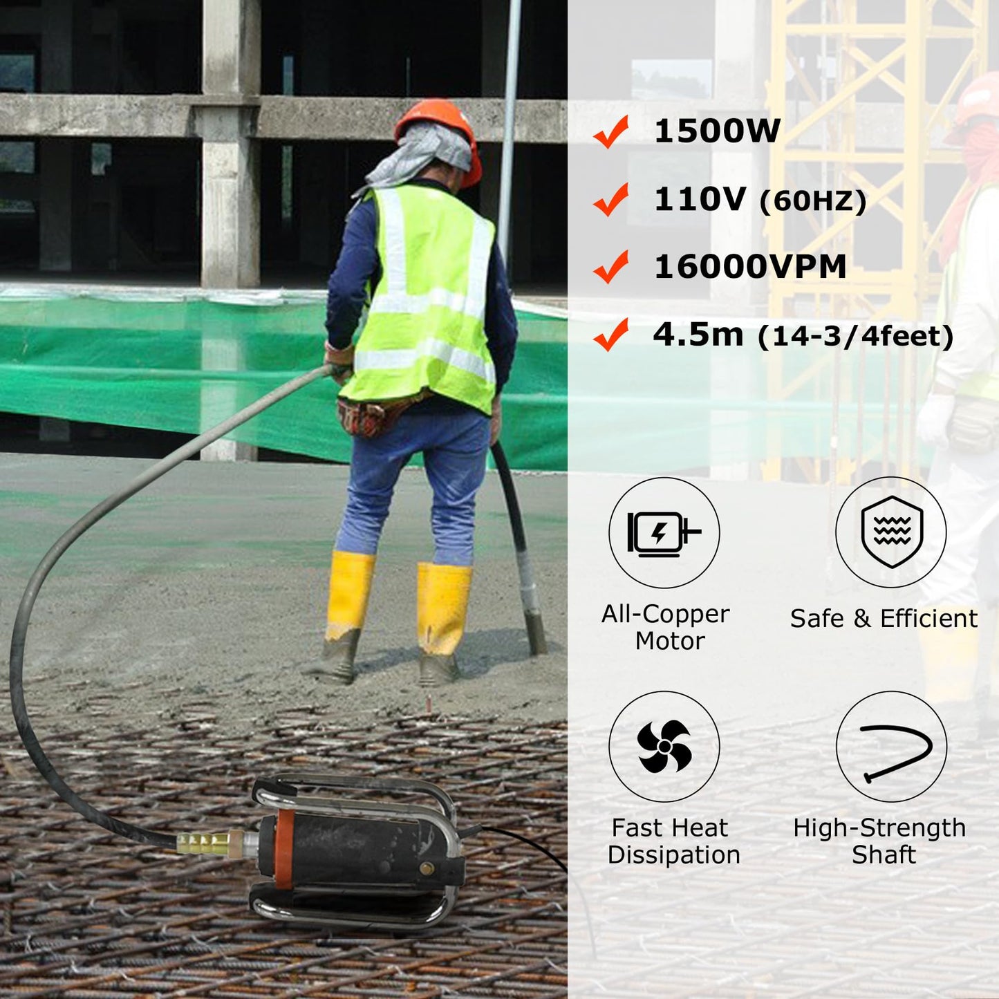 Seeutek Concrete Vibrating Tool - 1500W 16000 RPM Portable Pencil Cement Vibrator to Remove Air Bubbles and Level Concrete with 4.5m (14-3/4ft) Long Shaft Rod, Easy to Use