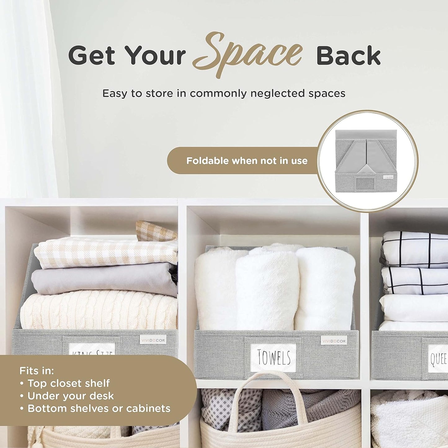 VIVIDECOR Trapezoid Closet Bins - Light Gray Fabric Storage Baskets, 12x12x10, 3 Pack | Collapsible Organizers