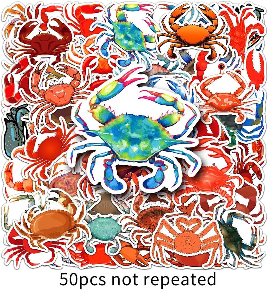 Jukome |50Pcs Crab Stickers Crab Waterproof Vinyl Decals for Water Bottles Laptop Luggage Cup Computer Mobile Phone