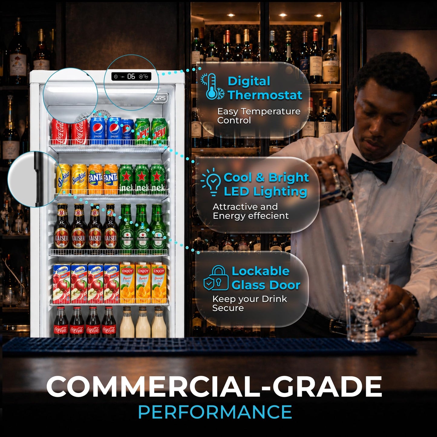 GRS Commercial Display Refrigerator with Glass Door Lock | Cool Air Flow & Temperature | Beverage fridge, Drink and Wine Cooler with Adjustable Display Shelf for Stores and Bars | Silver, 7.1 Cu. Ft