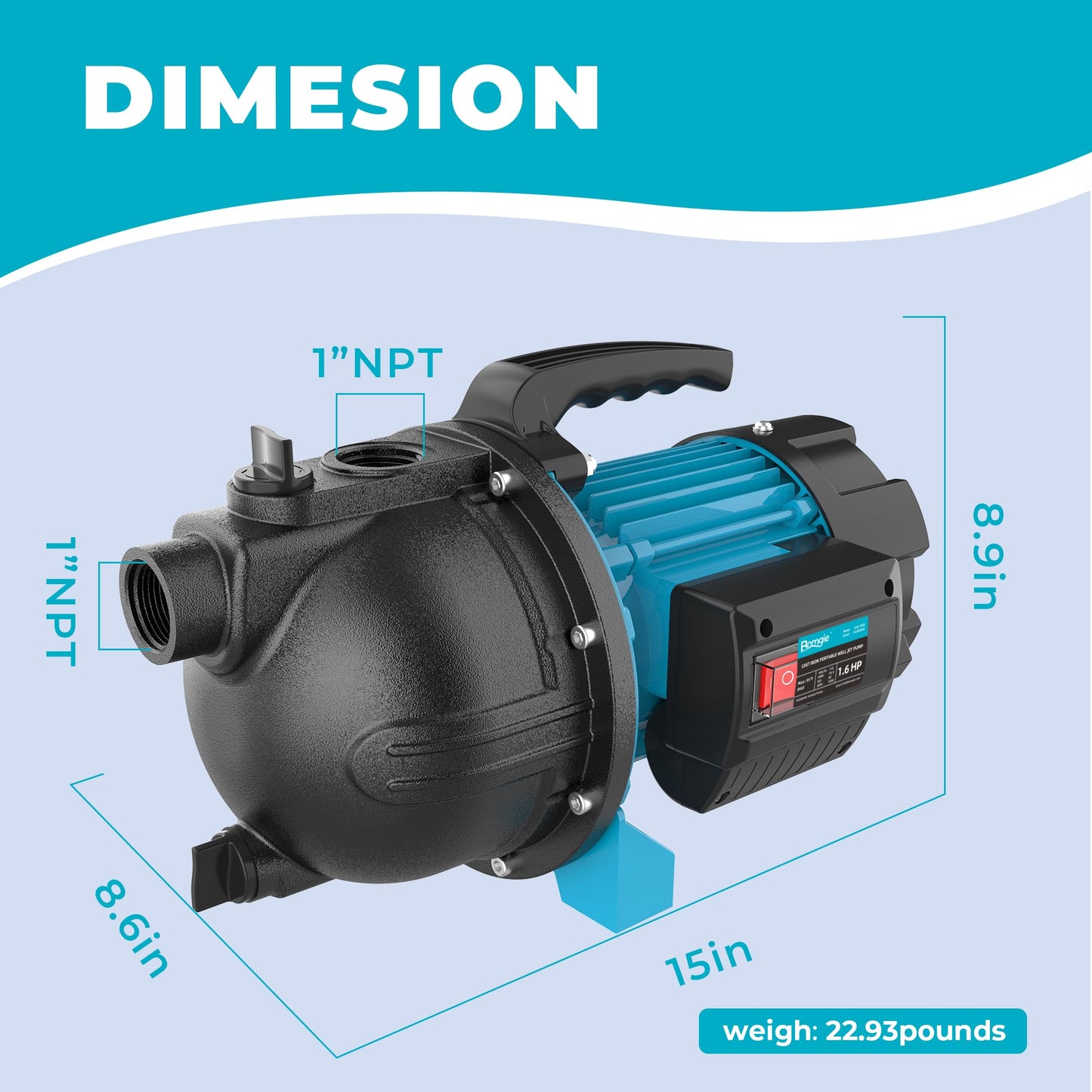 BOMGIE 1.6HP Shallow Well Garden Pump, Water Transfer Pump, Home Lawn Draining Irrigation, Pressure Booster, Sprinkler, Jet, 1200GPH 115V Portable Cast Iron