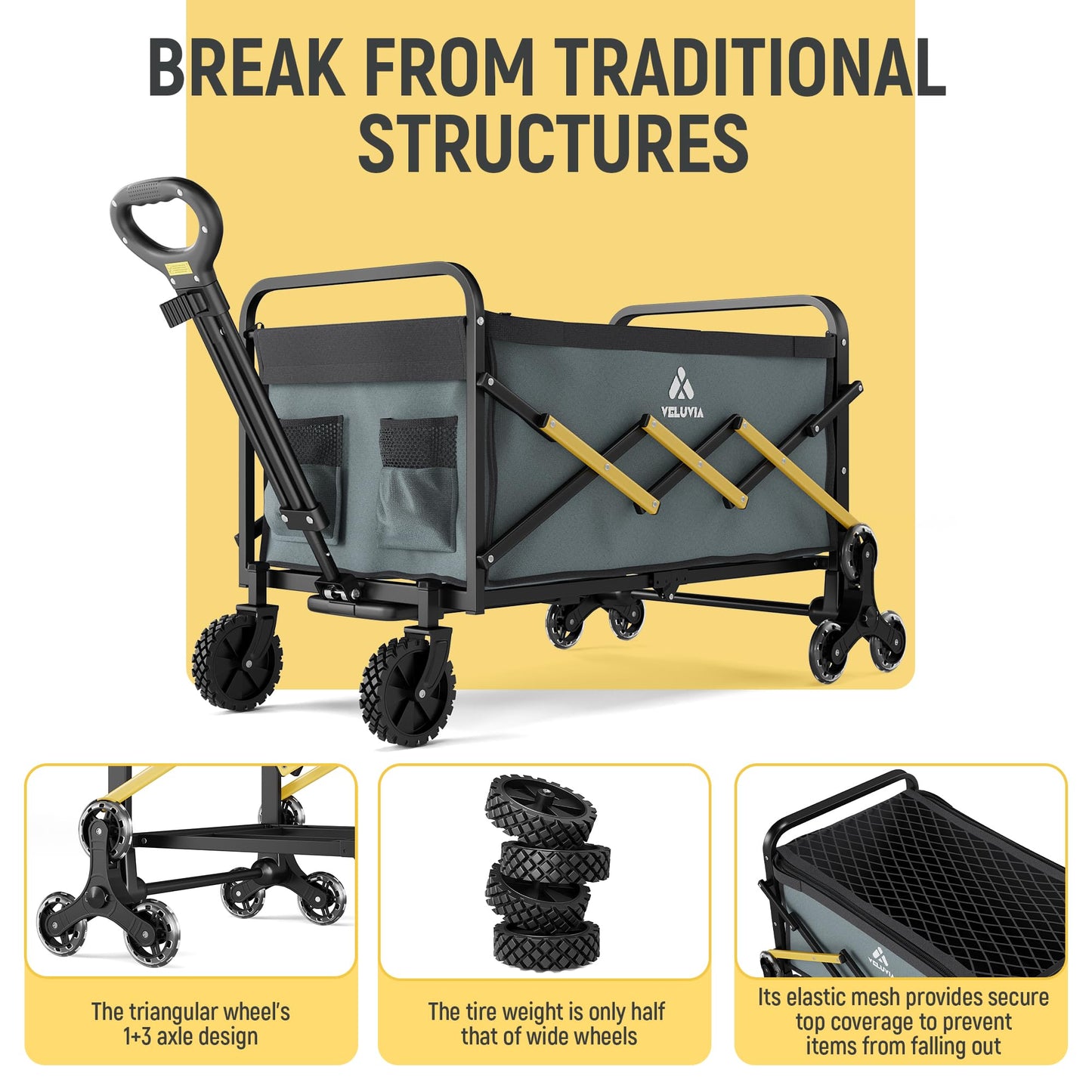 Folding Utility Cart with Triangular Wheels - 2 in 1 Collapsible Stairs Climbing Wagon, Lightweight Shopping Hand Truck with Telescoping Handle for Groceries, Laundry, Travel, Move, Office