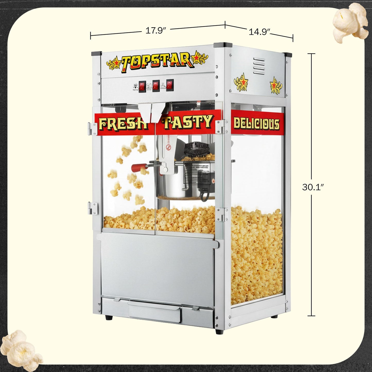 Top Star Popcorn Machine - 12oz Stainless-Steel Kettle, Reject Kernel Tray, Warming Light, and Accessories by Great Northern Popcorn (Red and Yellow)