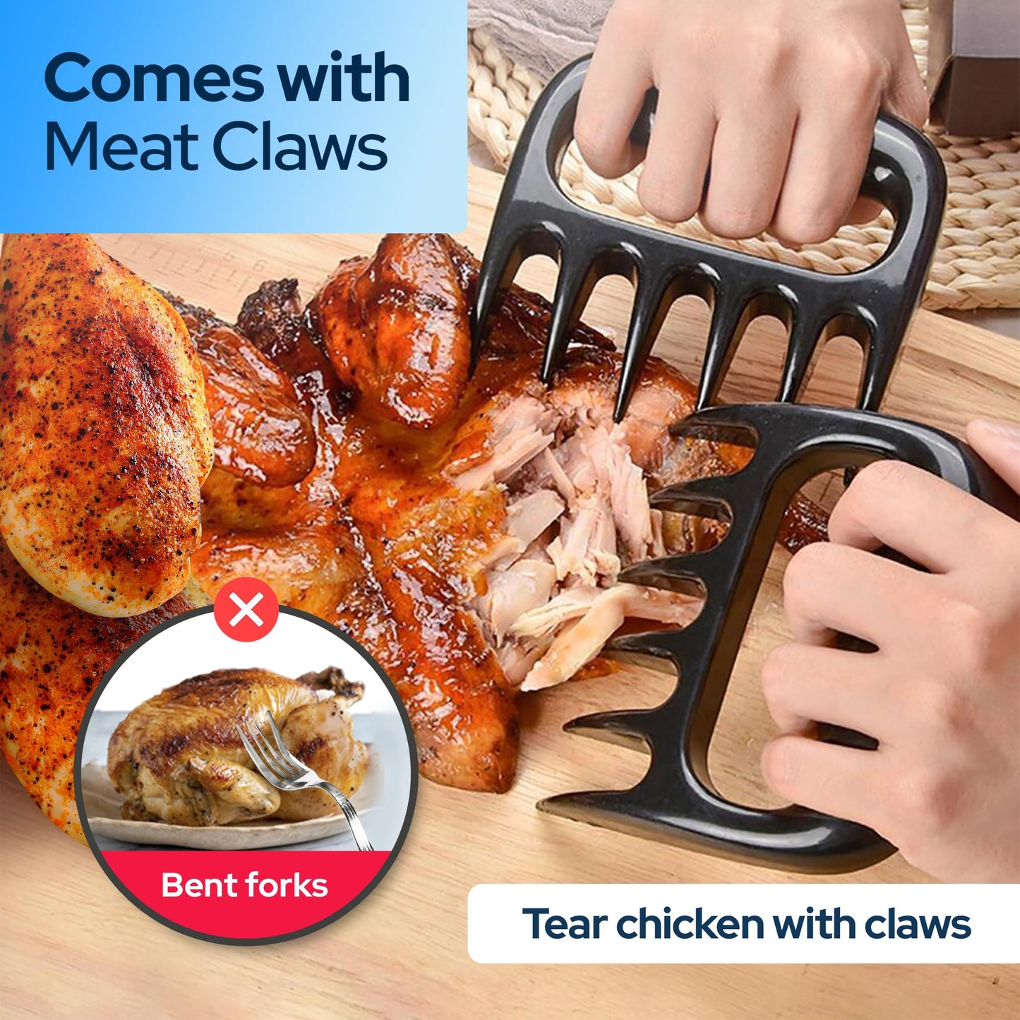 VERSALINES 3 Layer Pro Chicken Shredder with Removable Tray, Meat Claws, Brush - 10'' Chicken Breast Shredder Tool Twist, Meat Grinder Machine, Meat Shredder, Anti-Slip - For Chicken Beef Pork Veg
