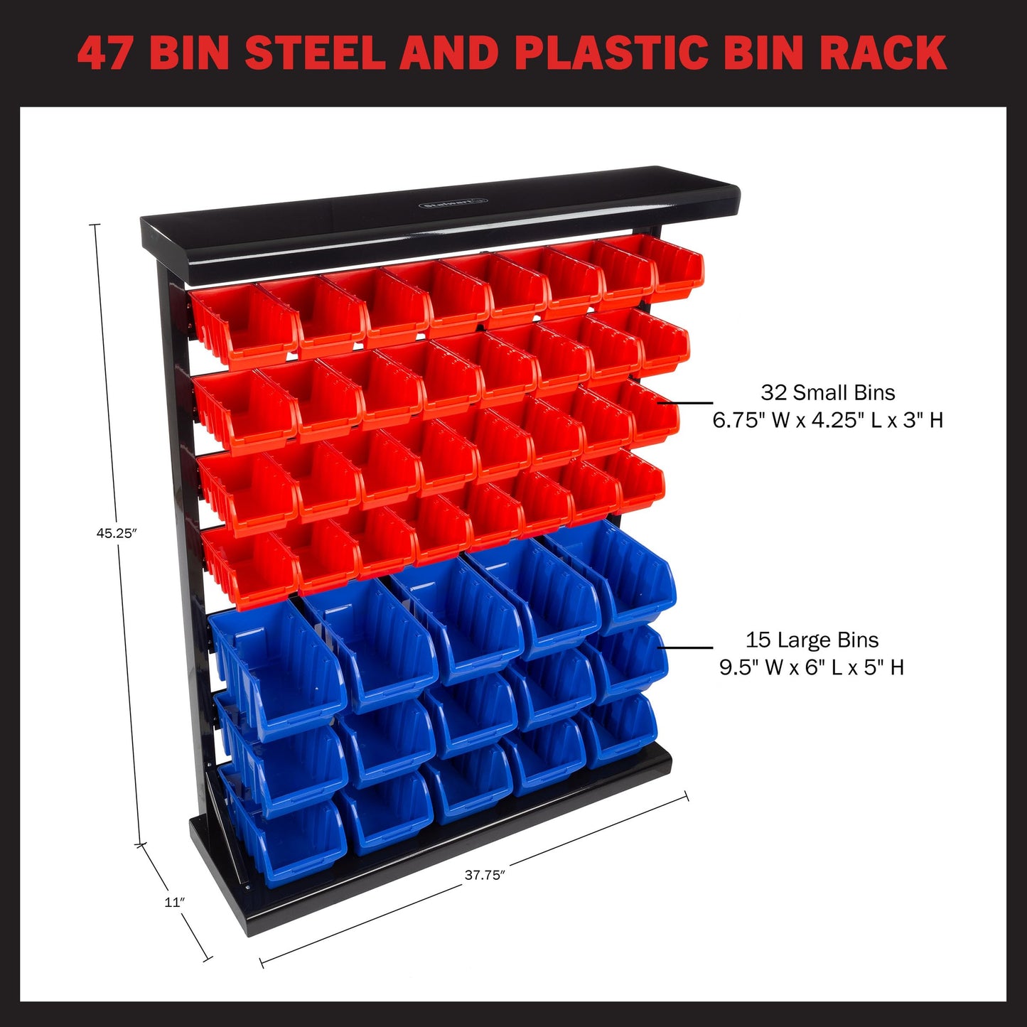 47-Bin Garage Organization Rack (15 Large, 32 Small) - Tabletop or Wall Mount Steel Rack with Removable Stackable Garage Storage Bins, Small Parts Organizer for Hardware or Office Supplies by Stalwart