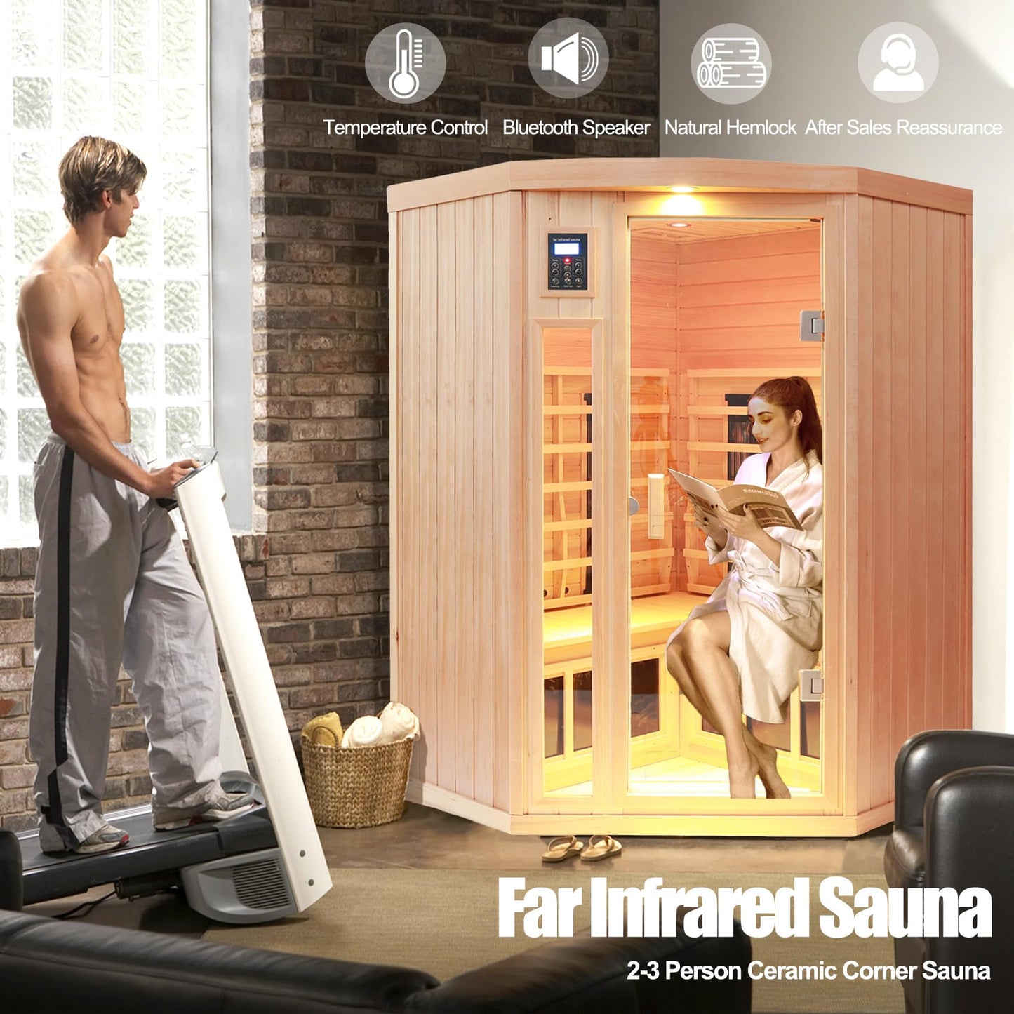 KUNSANA 2-3 Person Infrared Saunas for Home, Low EMF Ceramic Infrared Sauna, Indoor Home Sauna Spa, Hemlock Wooden Corner Suana Room, Bluetooth Speakers, Chromotherapy Lights