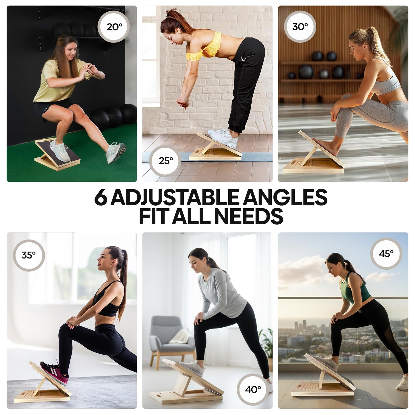 Zaloom Wooden Slant Board for Calf Stretching - 6 Adjustable Angles, 400 Lbs Capacity Calf Stretcher Slant Board for Squats, Knees, Ankle, Leg, Heel & feet, Squat Wedge & Physical Therapy Equipment