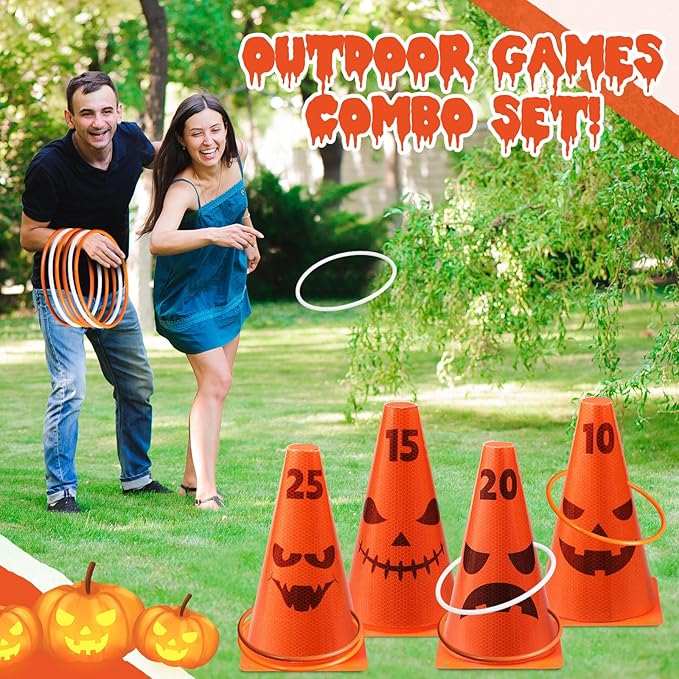 Leitee 6 Sets Candy Corn Ring Toss Game Plastic Cones Ring Toss Combo Set Mini Traffic Cones Toss Game for Sports Training Garden Backyard Outdoor Activities