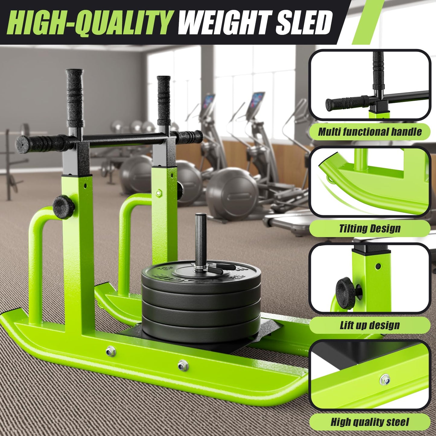 HARVOST Weight Sled Adjustable Height - Weight Training Pull Sled Gym Equipment for Fitness Strength & Speed Training, Suitable for 1" & 2" Weight Plate (Green)