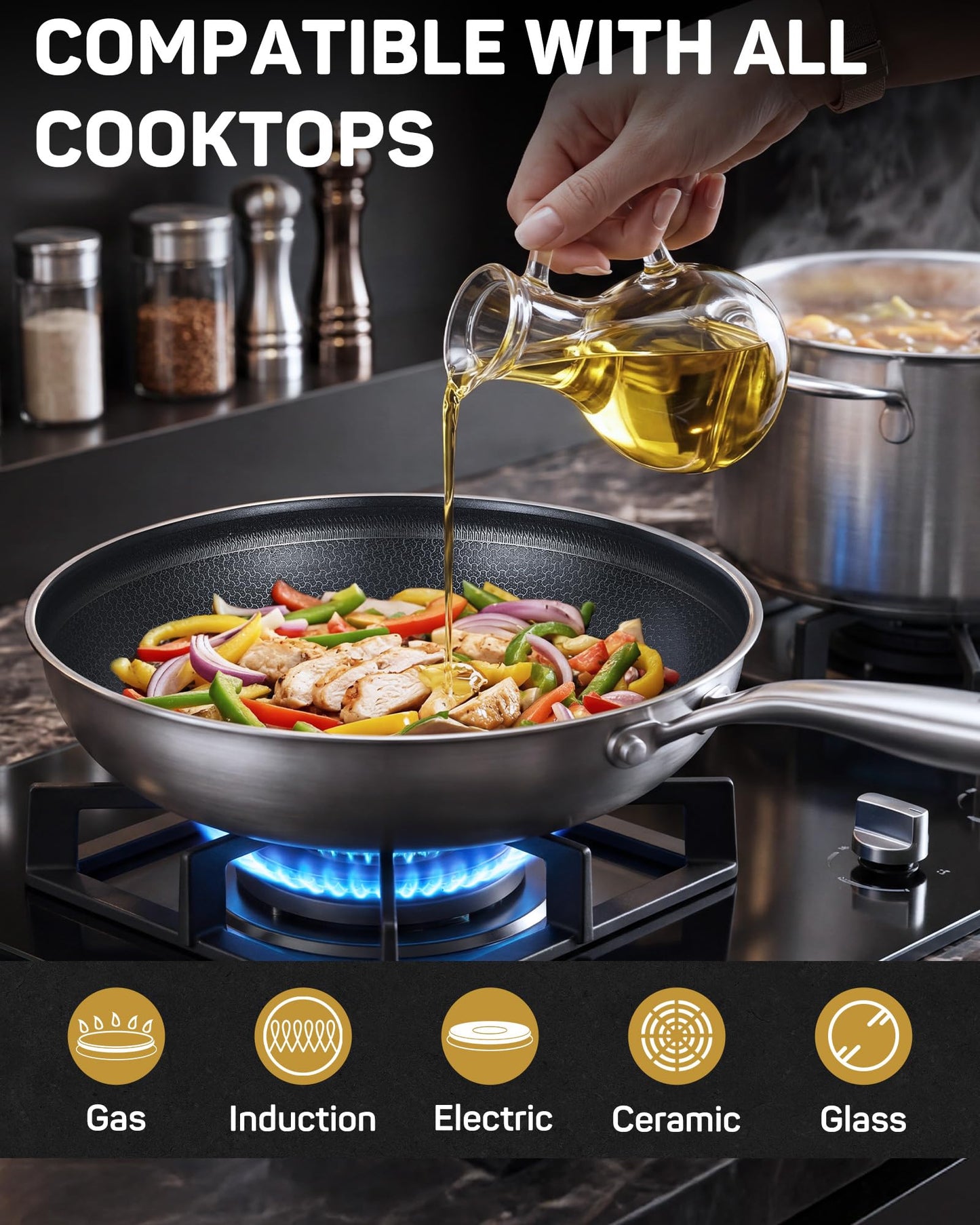 Lorchy Home 10" Hybrid Nonstick Frying Pan, Stainless Steel Ceramic Nonstick Skillet, Non Stick Pan for Eggs, Steak & Everyday Cooking, Induction Compatible, Oven Safe Cookware