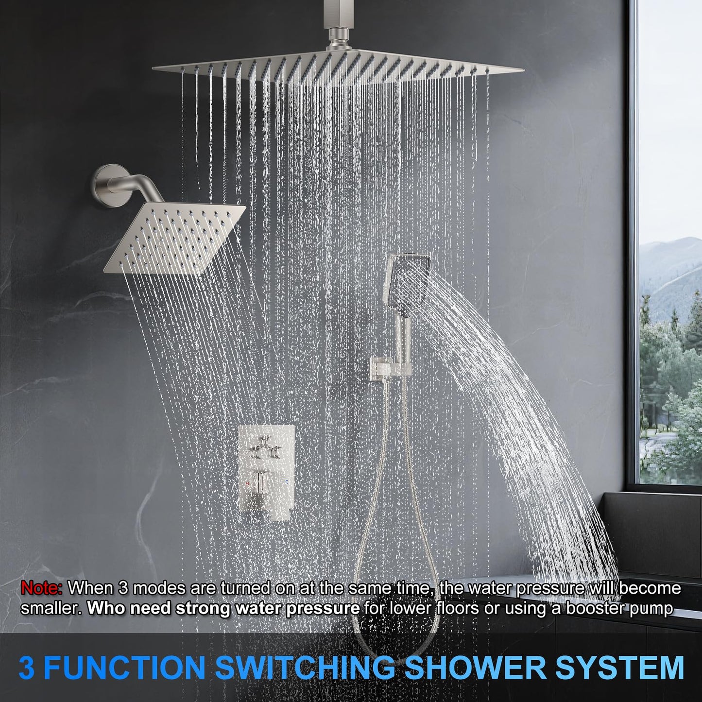 Shower Faucet Set, 12" Ceiling Mount Rainfall Shower System with 2 Rain Shower Head and Multi-function Handheld Head Push Button Diverter Shower Faucet Trim Kit (12", Brushed Nickel)