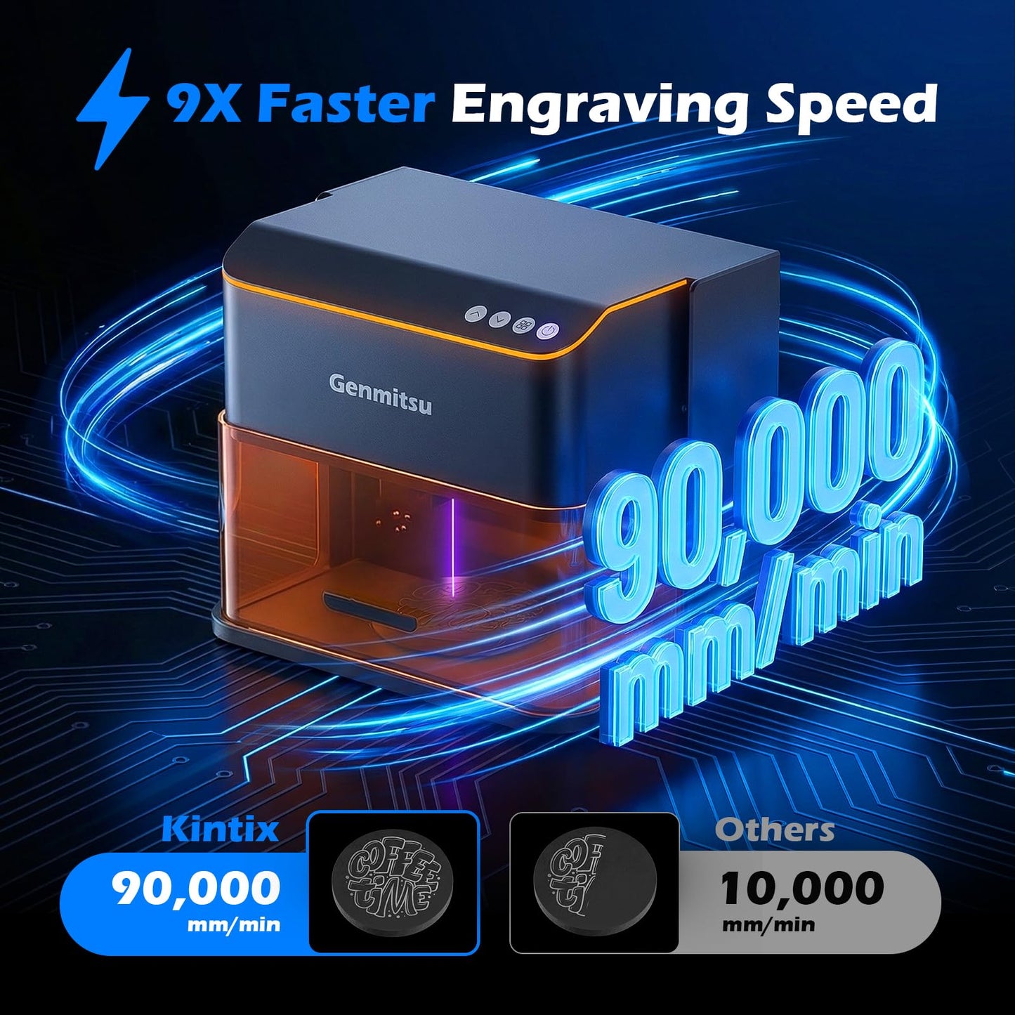 Genmitsu Kintix Laser Engraver 10W 10000mW + MD18 Rotary Roller, 90000mm/min Ultra Fast Galvo Laser with Auto-Lifting, 200x100mm Large Area for Jewelry, Metal, Wood, Class 1 Safety