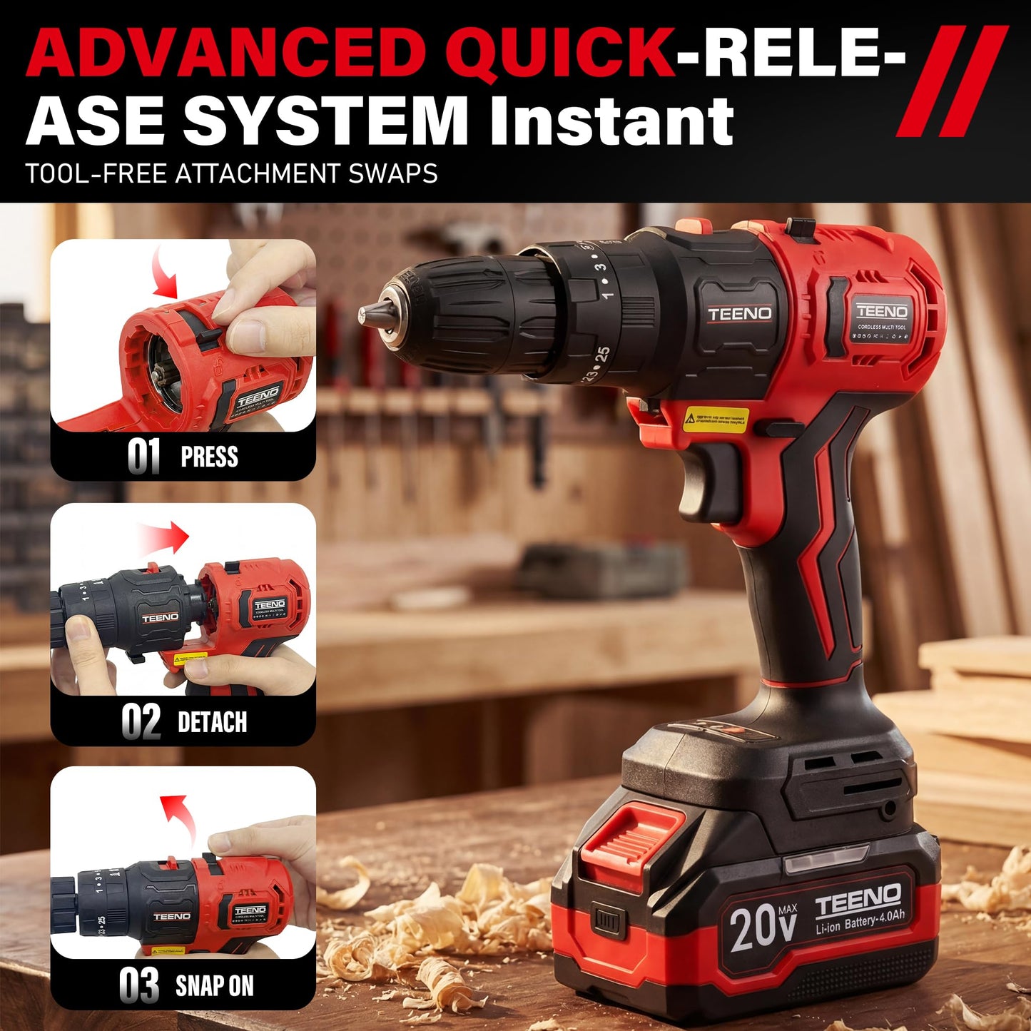 TEENO 20V MAX Brushless Power Tool Combo Kit, 9-in-1 Cordless Interchangeable Multi-Tool Set (Drill, Impact, Grinder, Sander, Circular, Chain & Reciprocating Saws, Blower, Washer), 2x 4.0Ah Batteries