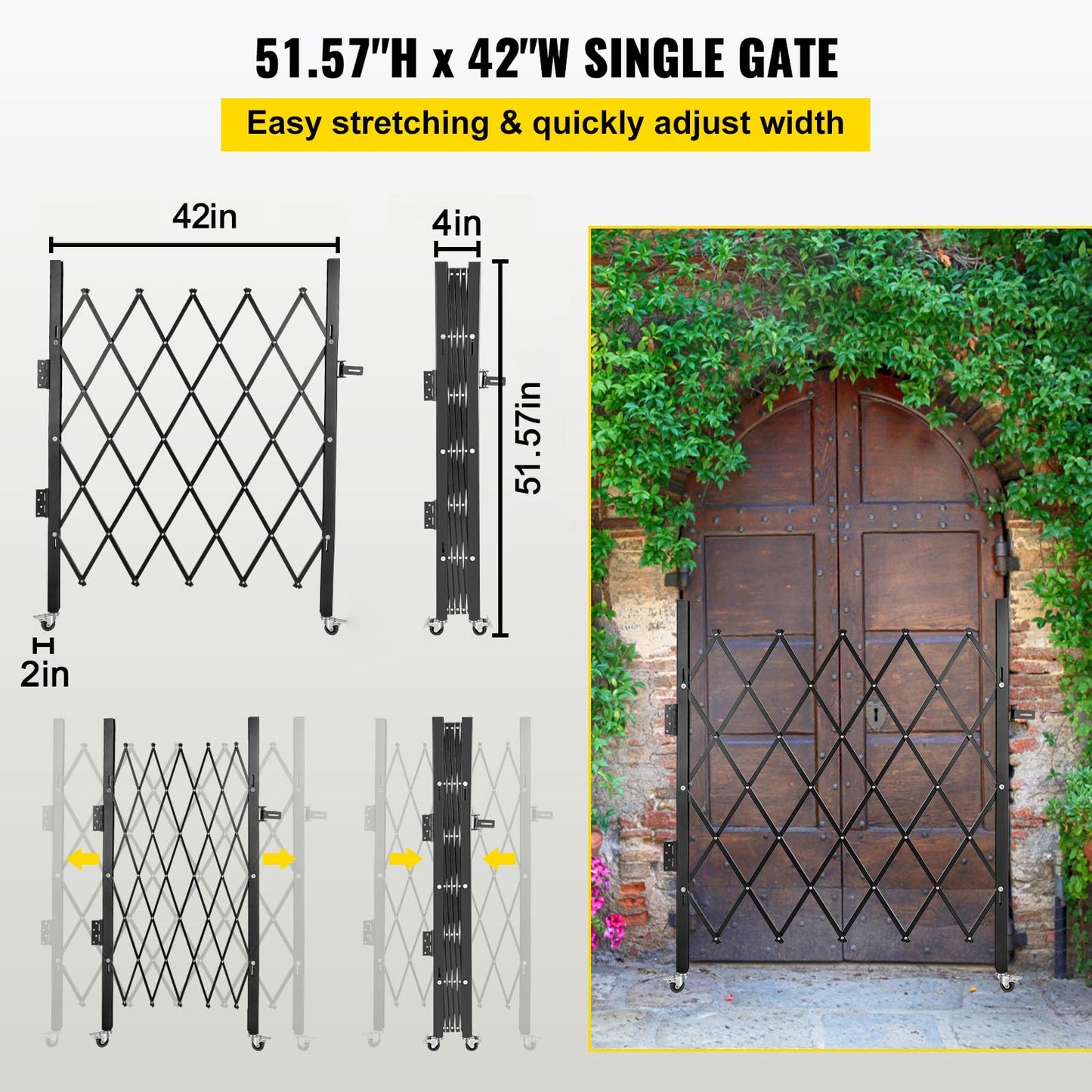 VEVOR Single Folding Security Gate, 51.57" H x 42" W Folding Door Gate, Steel Accordion Security Gate, Flexible Expanding Security Gate, 360° Rolling Barricade Gate, Scissor Gate or Door with Padlock