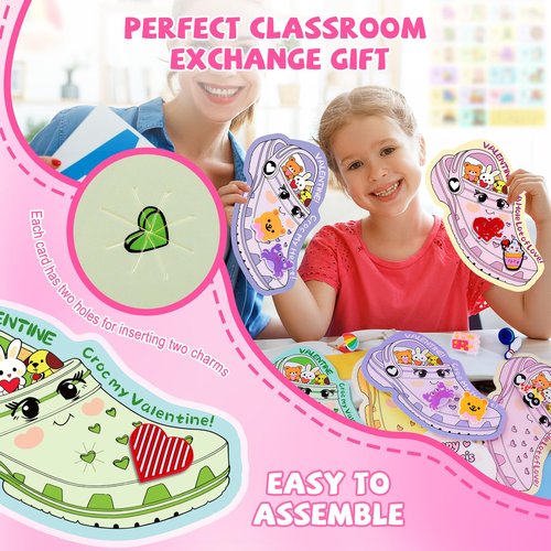 FloraSea Valentines Day Cards for Kids School Classroom, 30pcs Valentine's Cards with 60 Shoe Charms for Boys & Girls, Valentine Classroom Exchange Gift Party Favors